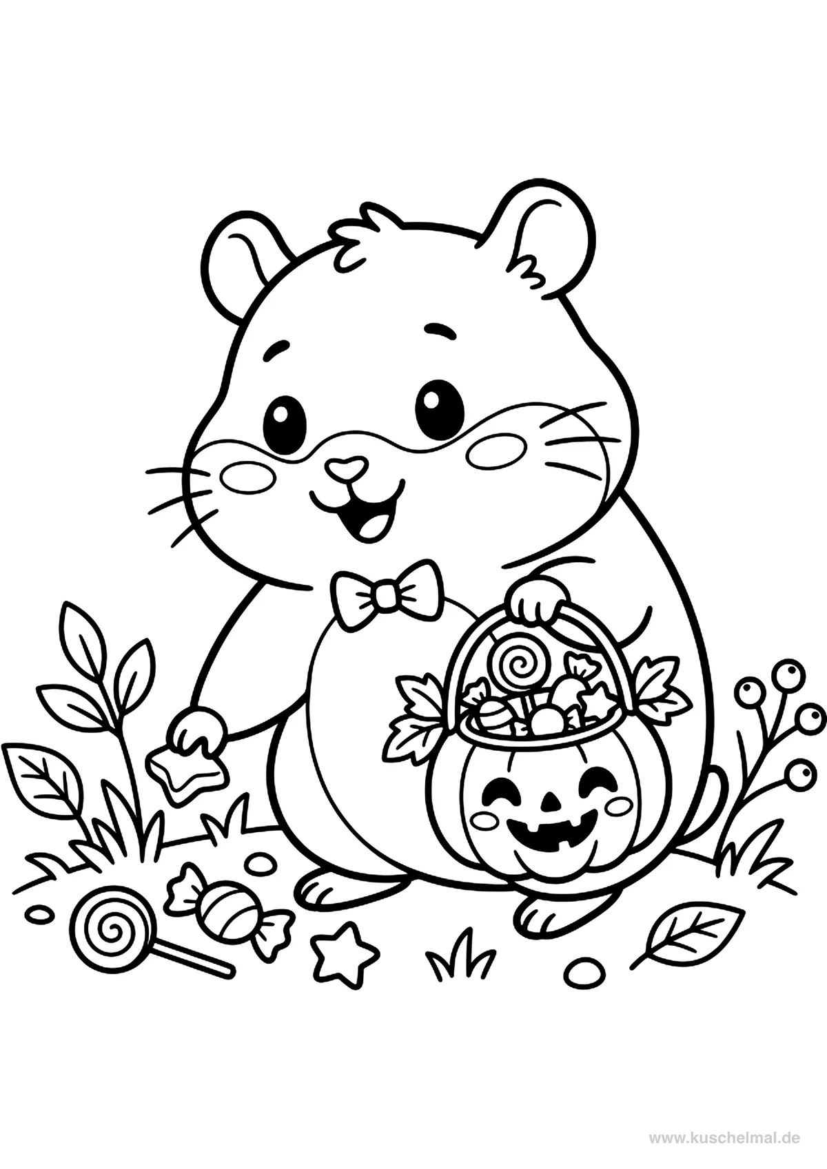 Hamster sammelt Süßigkeiten - Kostenloses Halloween Ausmalbild für Kinder zum Ausdrucken