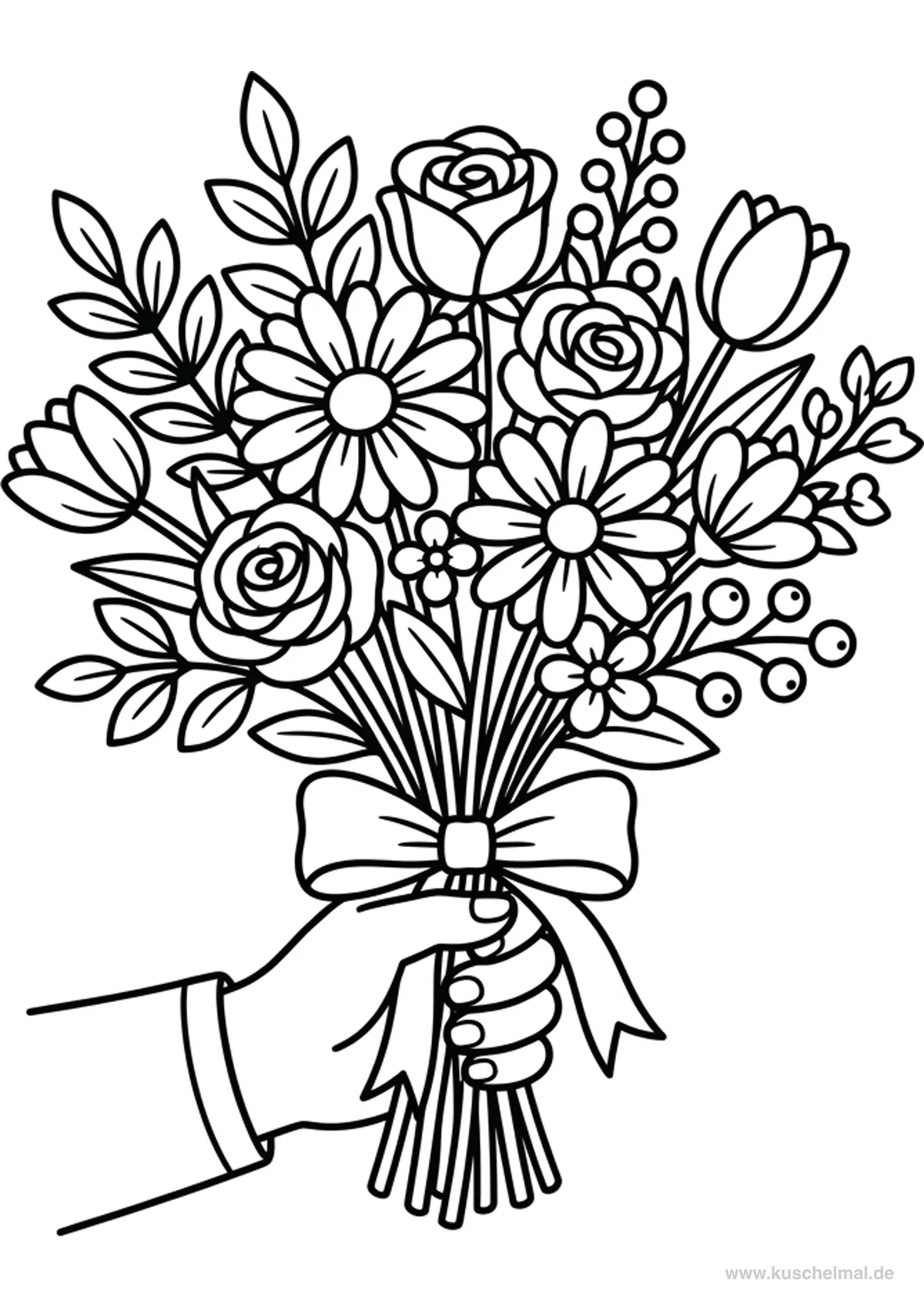 Hand hält einen Blumenstrauß - Kostenloses Blumenstrauß Ausmalbild für Kinder zum Ausdrucken