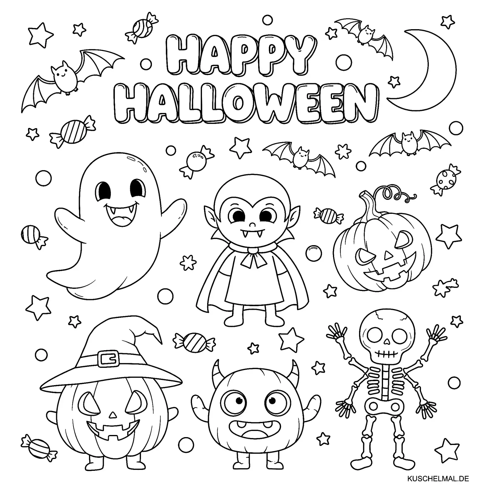 Happy Halloween Ausmalbild - Kostenloses Halloween Ausmalbild für Kinder zum Ausdrucken