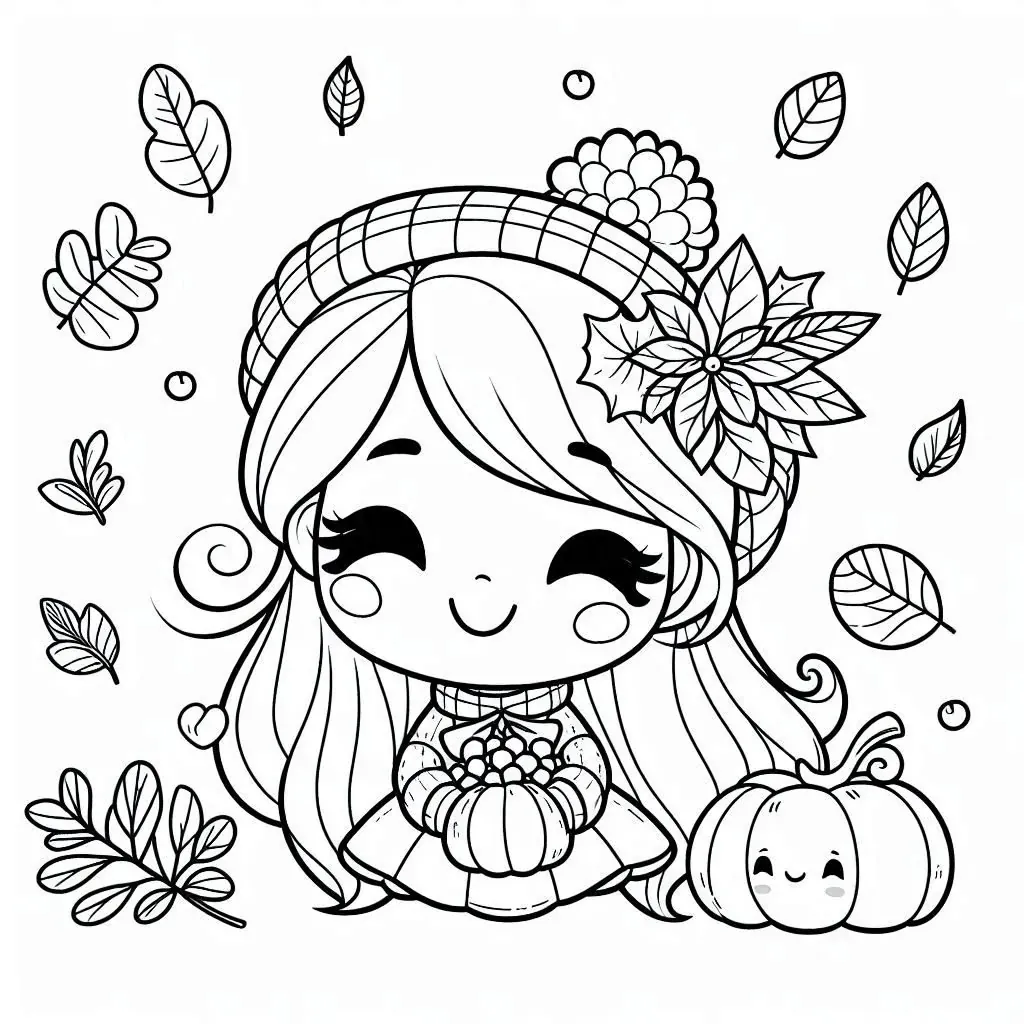 Mädchen im Laubhaufen Ausmalbild - Kostenloses Herbst Ausmalbild für Kinder zum Ausdrucken