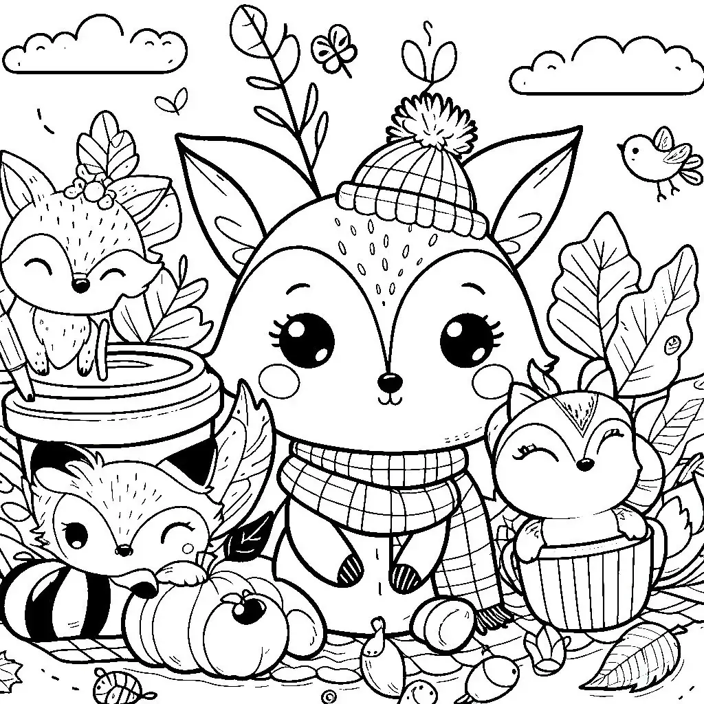 Herbststimmung mit Tieren Malvorlage - Kostenloses Herbst Ausmalbild für Kinder zum Ausdrucken