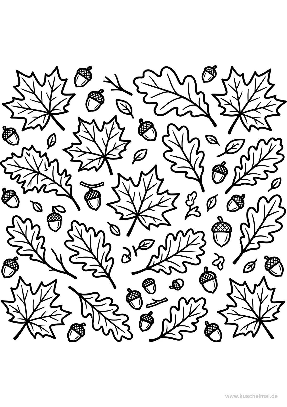 Foglie e Ghiande - Disegno di Autunno da colorare gratis per bambini da stampare
