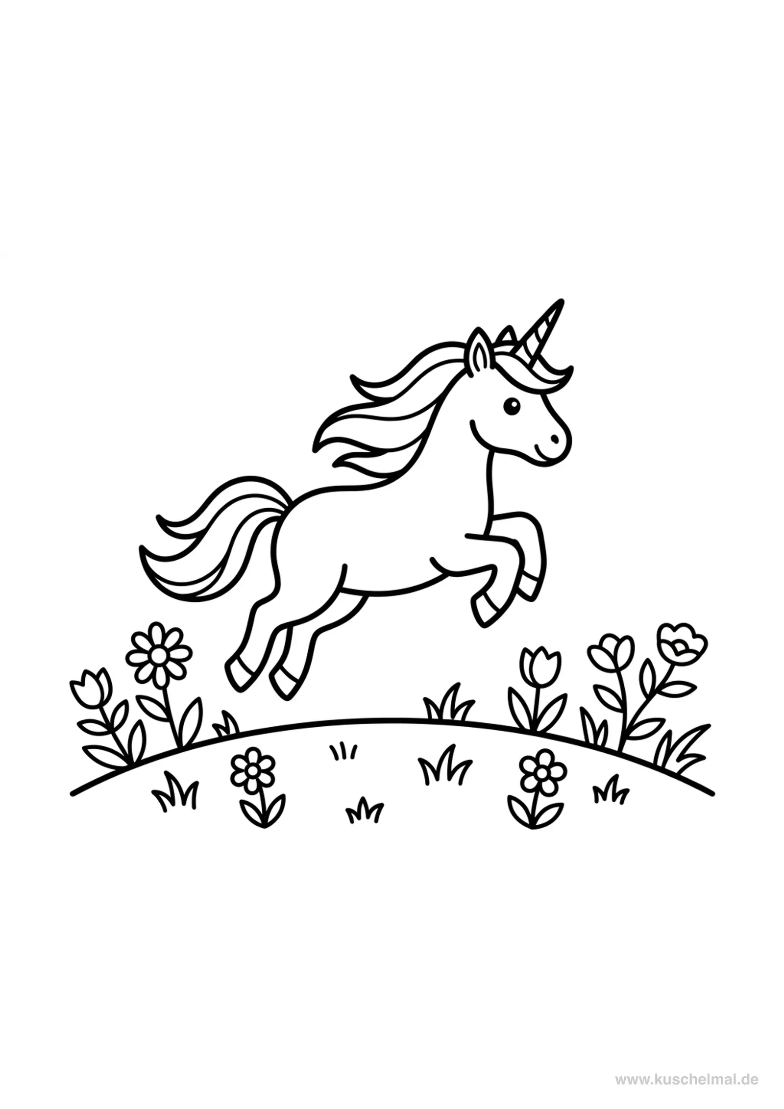 Hüpfendes Einhorn auf der Wiese - Kostenloses Einhorn Ausmalbild für Kinder zum Ausdrucken