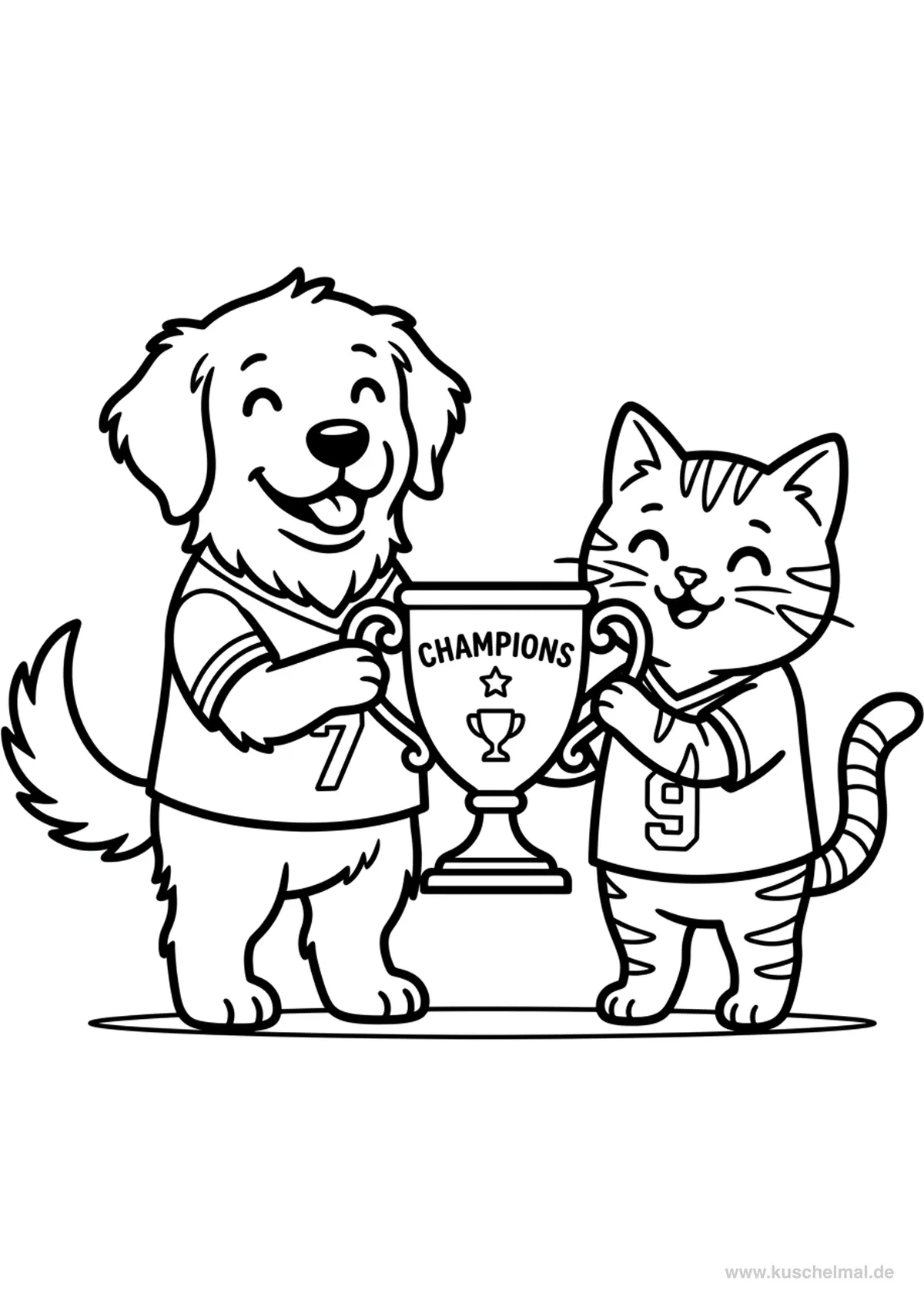 Hund und Katze mit Pokal - Kostenloses Fußball Ausmalbild für Kinder zum Ausdrucken