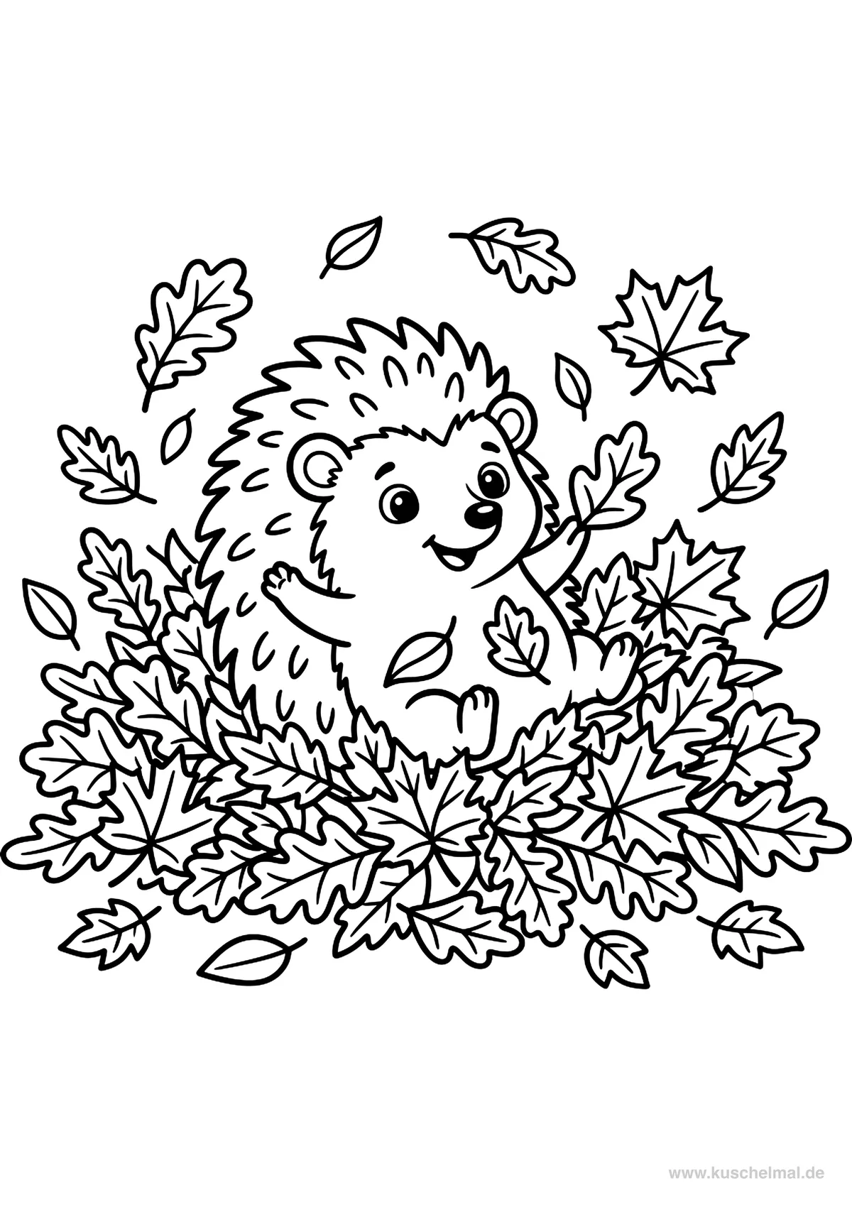 Riccio nel Mucchio di Foglie - Disegno di Autunno da colorare gratis per bambini da stampare