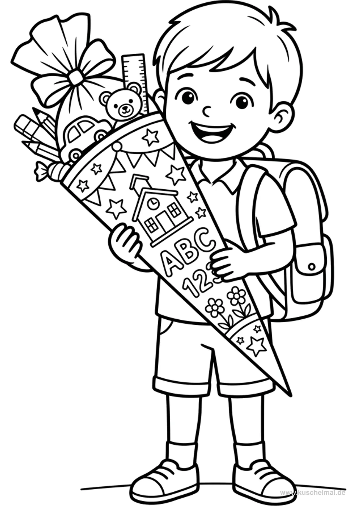 Junge mit Schultüte am ersten Schultag - Kostenloses Schulanfang Ausmalbild für Kinder zum Ausdrucken