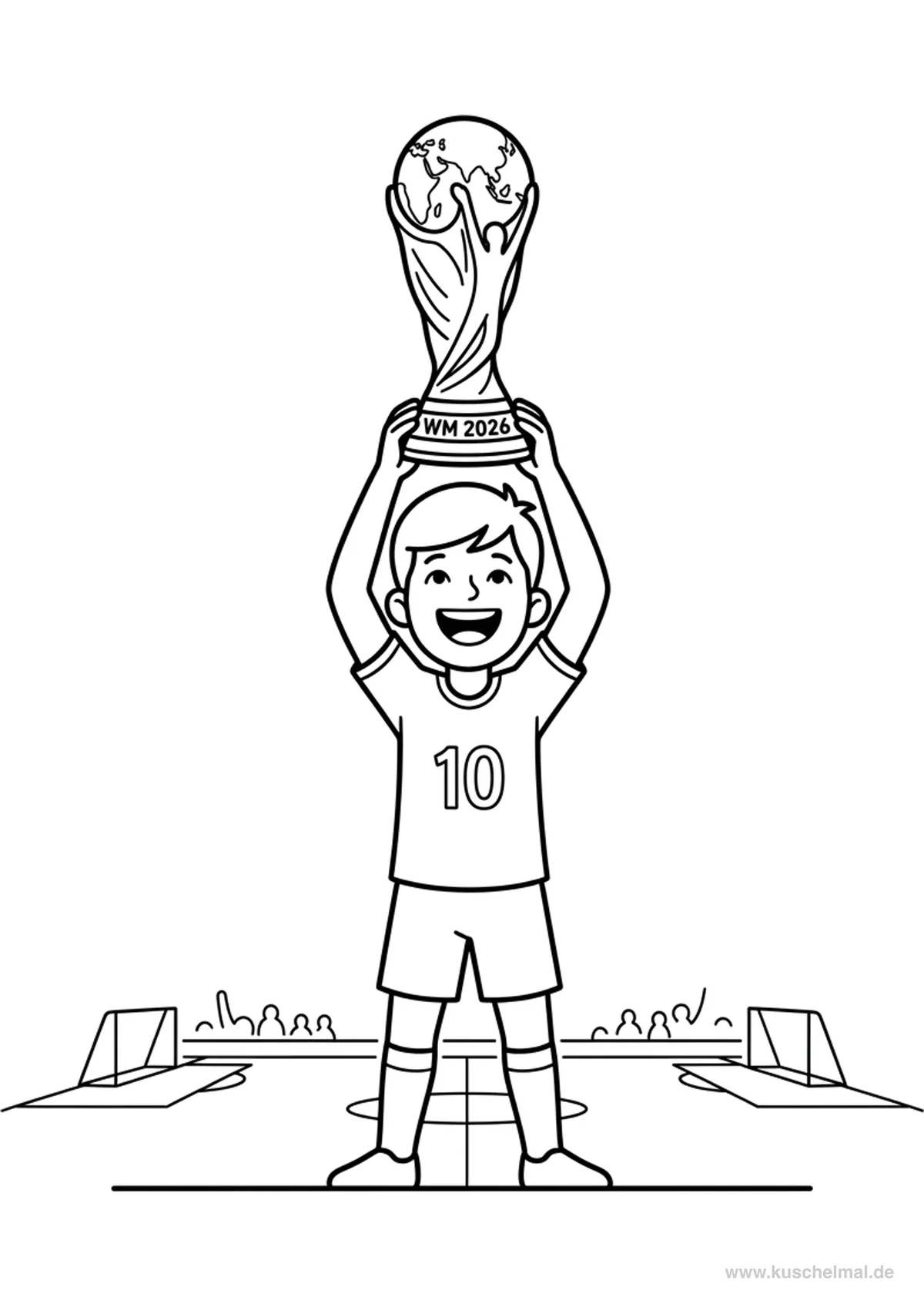 Junge mit Weltpokal WM 2026 Ausmalbild - Kostenloses WM 2026 Ausmalbild für Kinder zum Ausdrucken