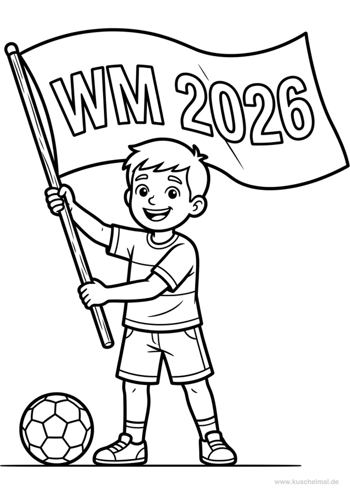Junge schwenkt WM 2026 Fahne Ausmalbild - Kostenloses WM 2026 Ausmalbild für Kinder zum Ausdrucken