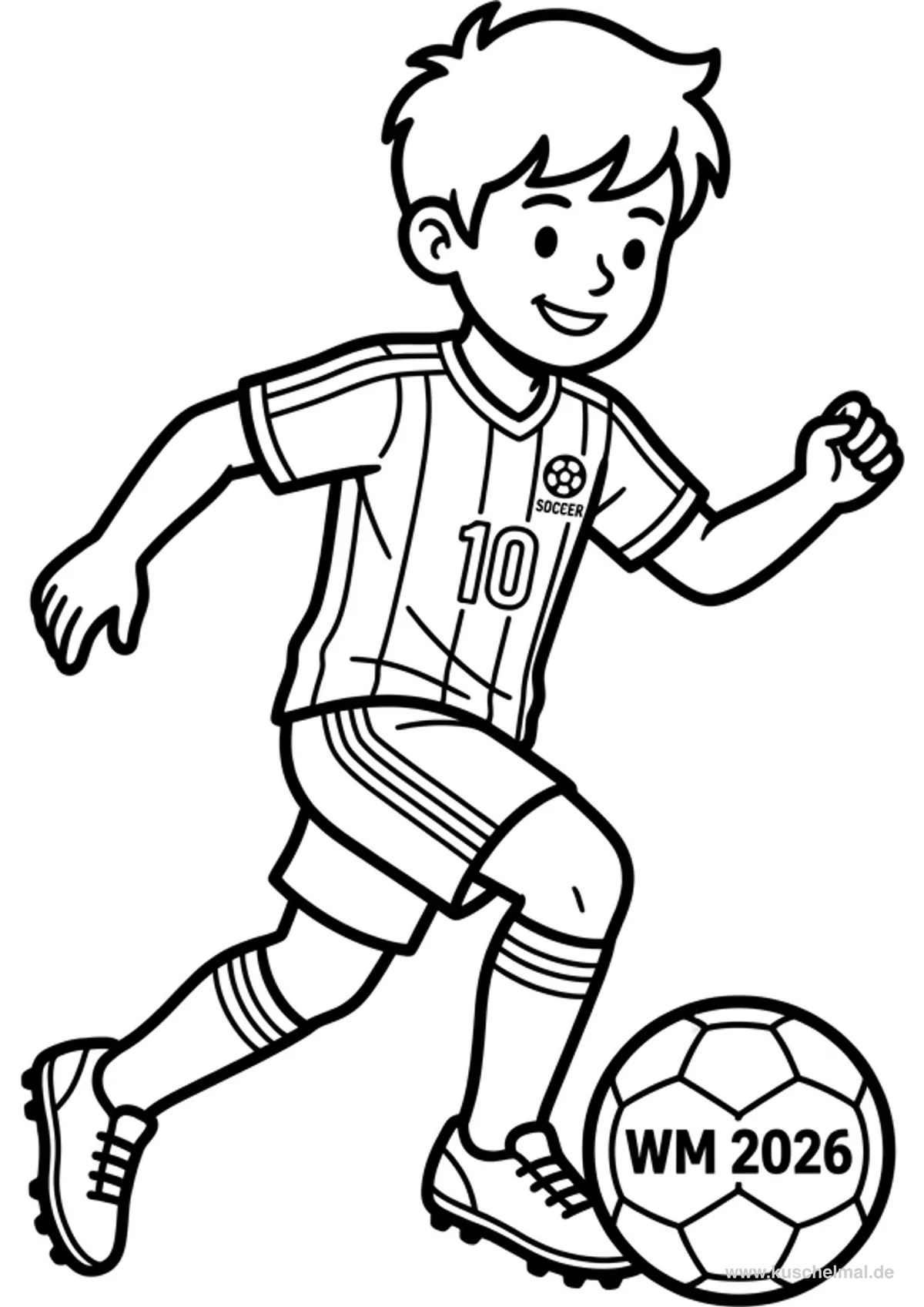 Junge spielt Fußball WM 2026 Ausmalbild - Kostenloses WM 2026 Ausmalbild für Kinder zum Ausdrucken