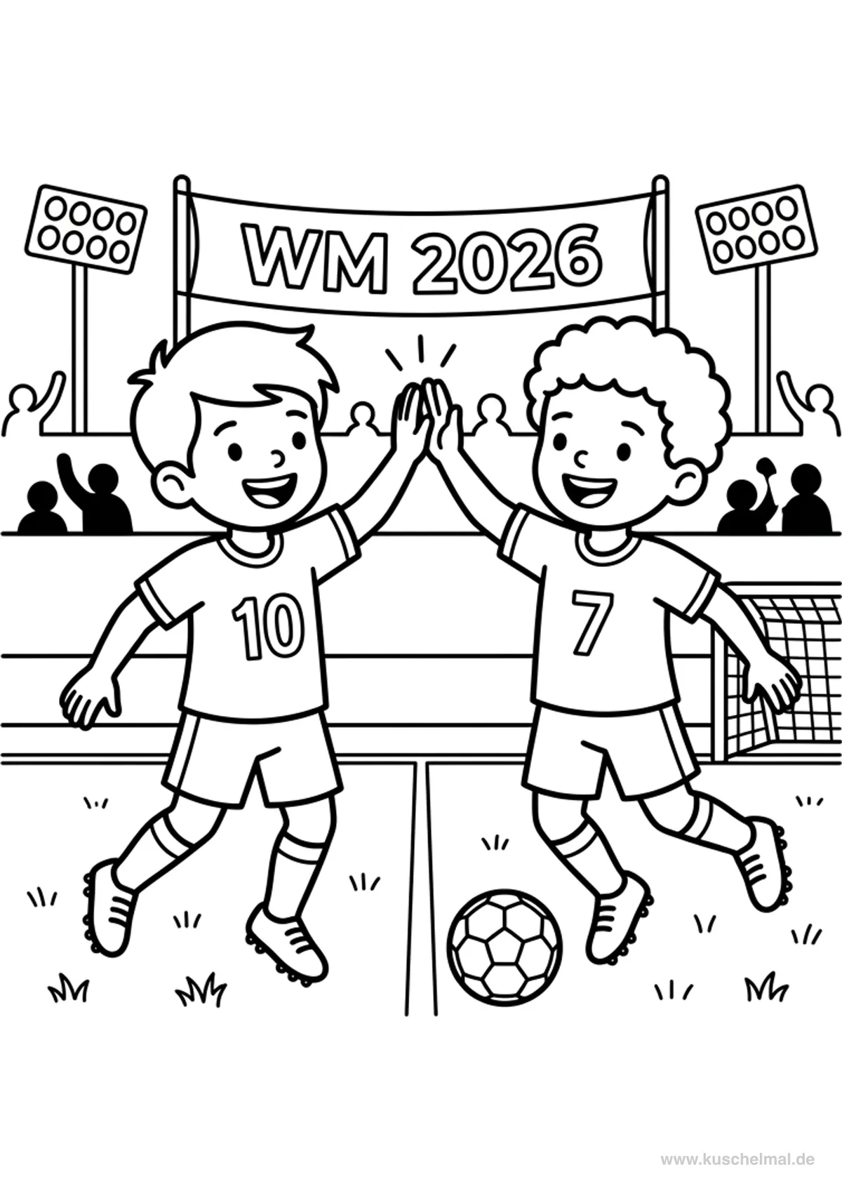 Jungen jubeln über Tor WM 2026 Ausmalbild - Kostenloses WM 2026 Ausmalbild für Kinder zum Ausdrucken