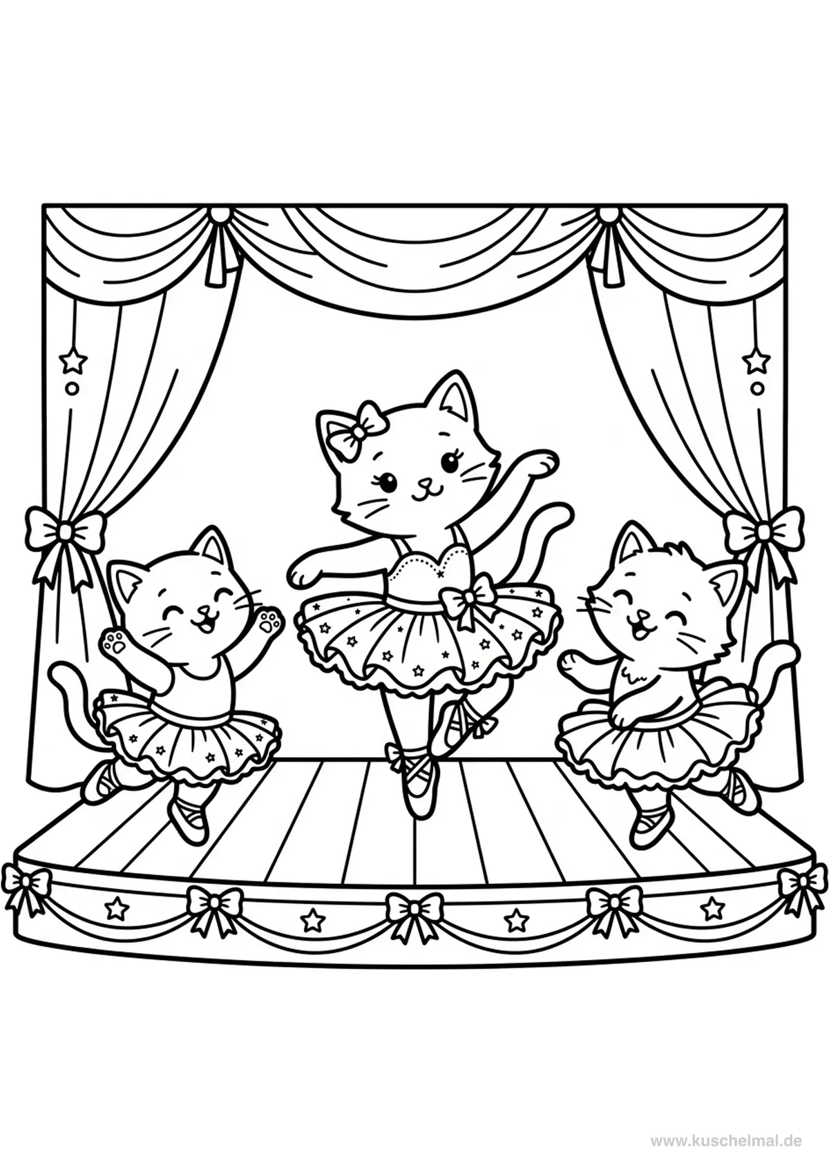 Katzen-Ballett Aufführung Ausmalbild - Kostenloses Ballett Ausmalbild für Kinder zum Ausdrucken
