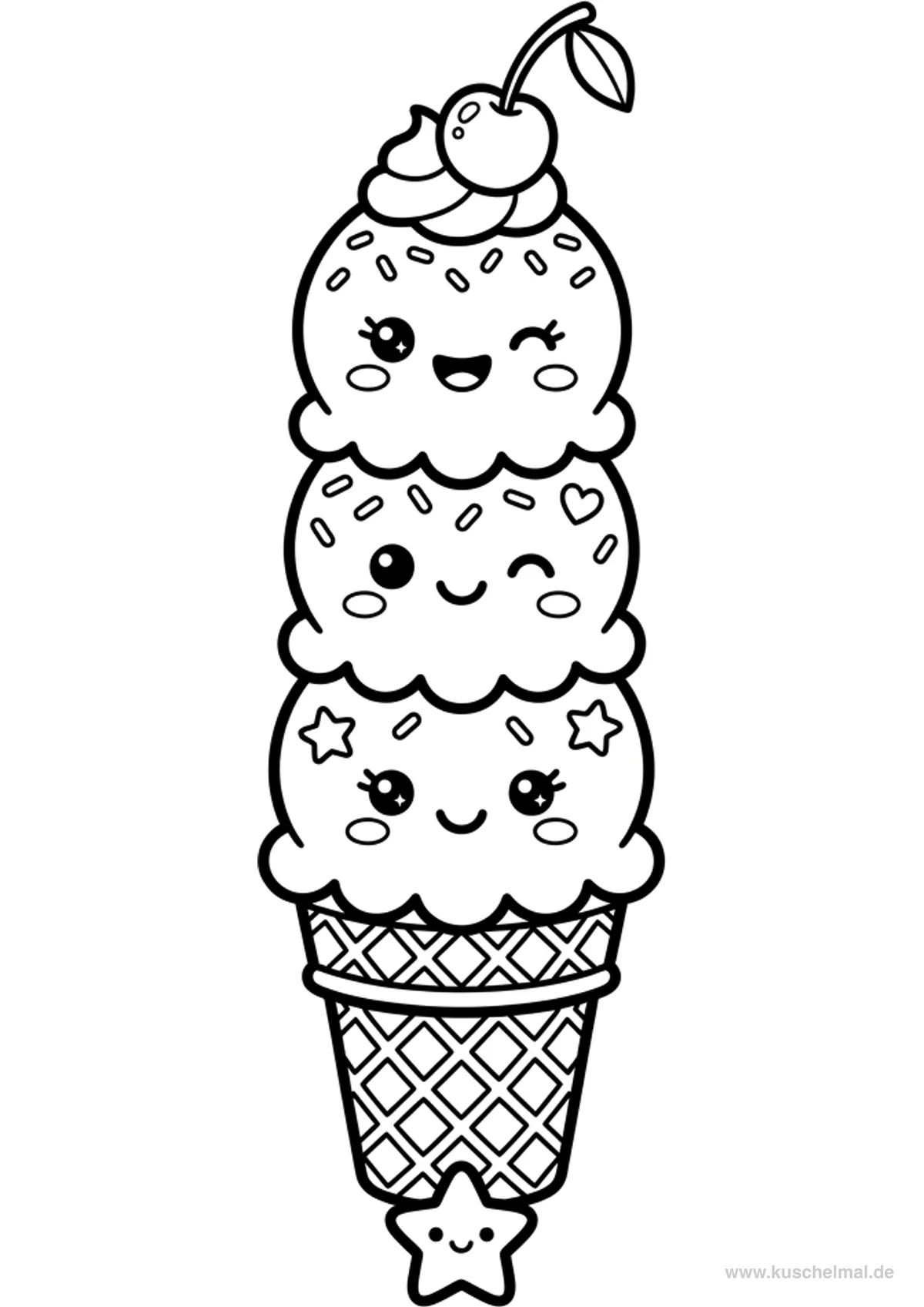 Cono Gelato Kawaii - Disegno di Gelato da colorare gratis per bambini da stampare