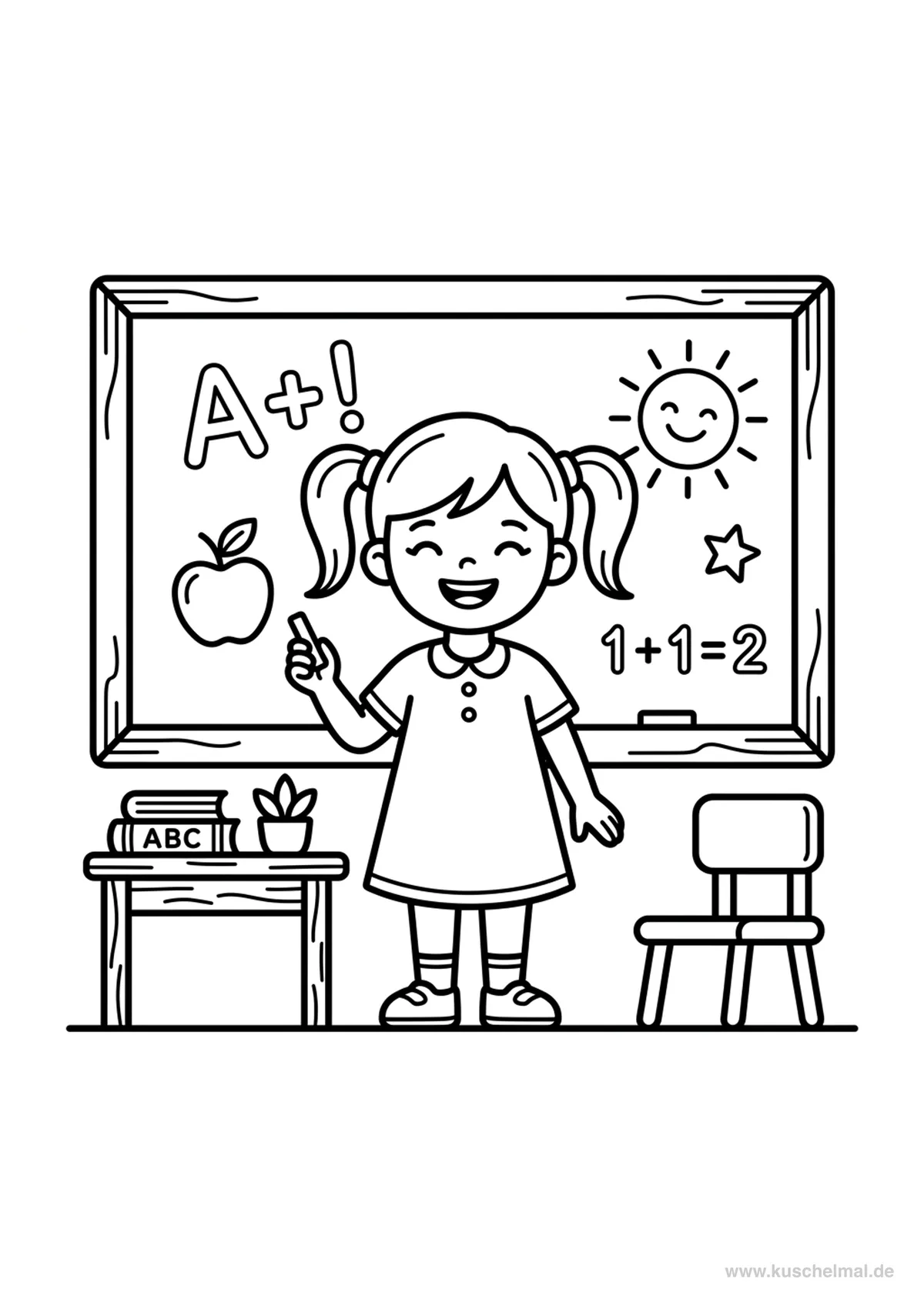 Kind an der Schultafel Ausmalbild - Kostenloses Schulanfang Ausmalbild für Kinder zum Ausdrucken