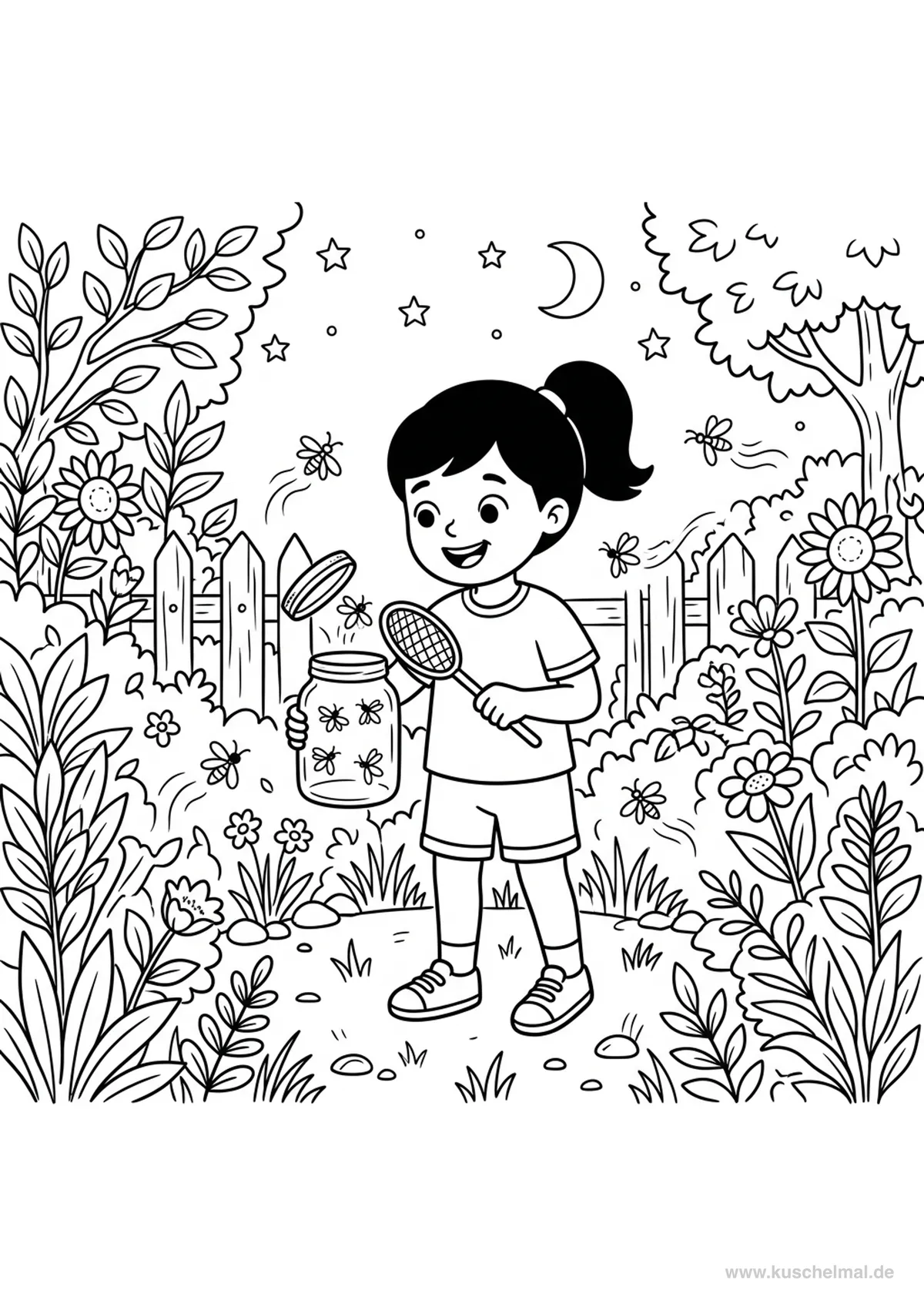 Bambino Cattura le Lucciole - Disegno di Estate da colorare gratis per bambini da stampare