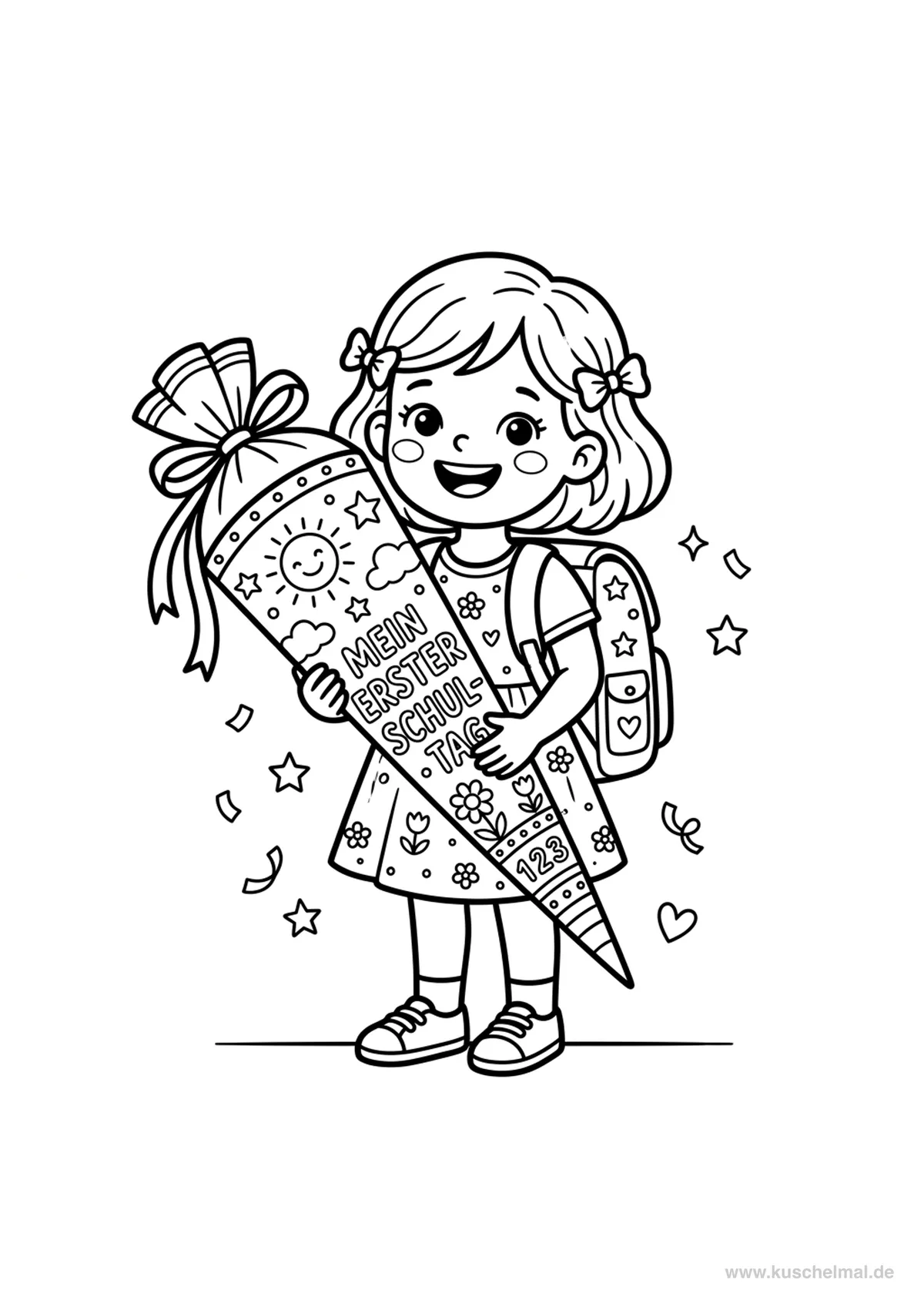 Kind mit Schultüte Ausmalbild - Kostenloses Schulanfang Ausmalbild für Kinder zum Ausdrucken