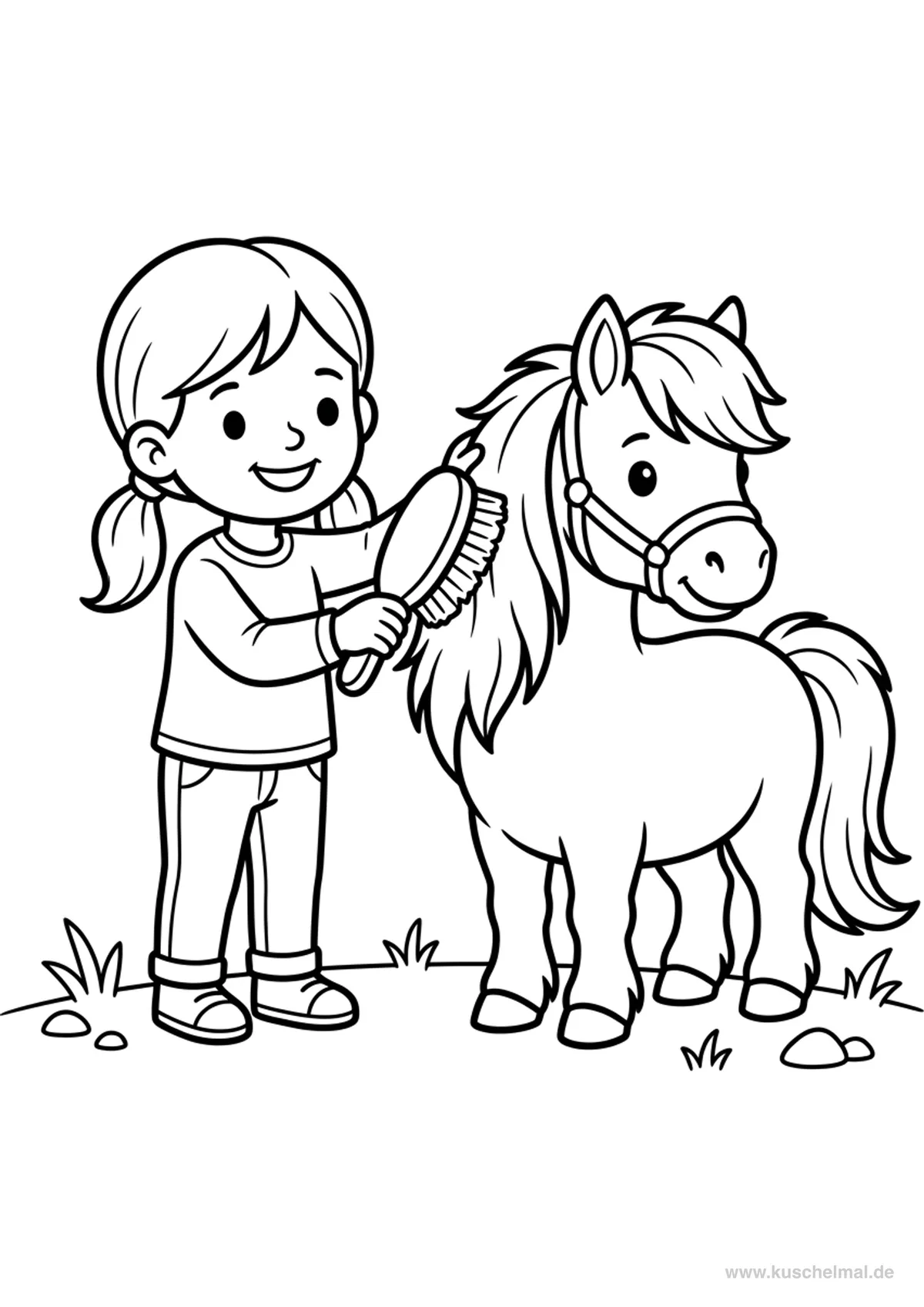 Kind putzt Pony Ausmalbild - Kostenloses Pony Ausmalbild für Kinder zum Ausdrucken