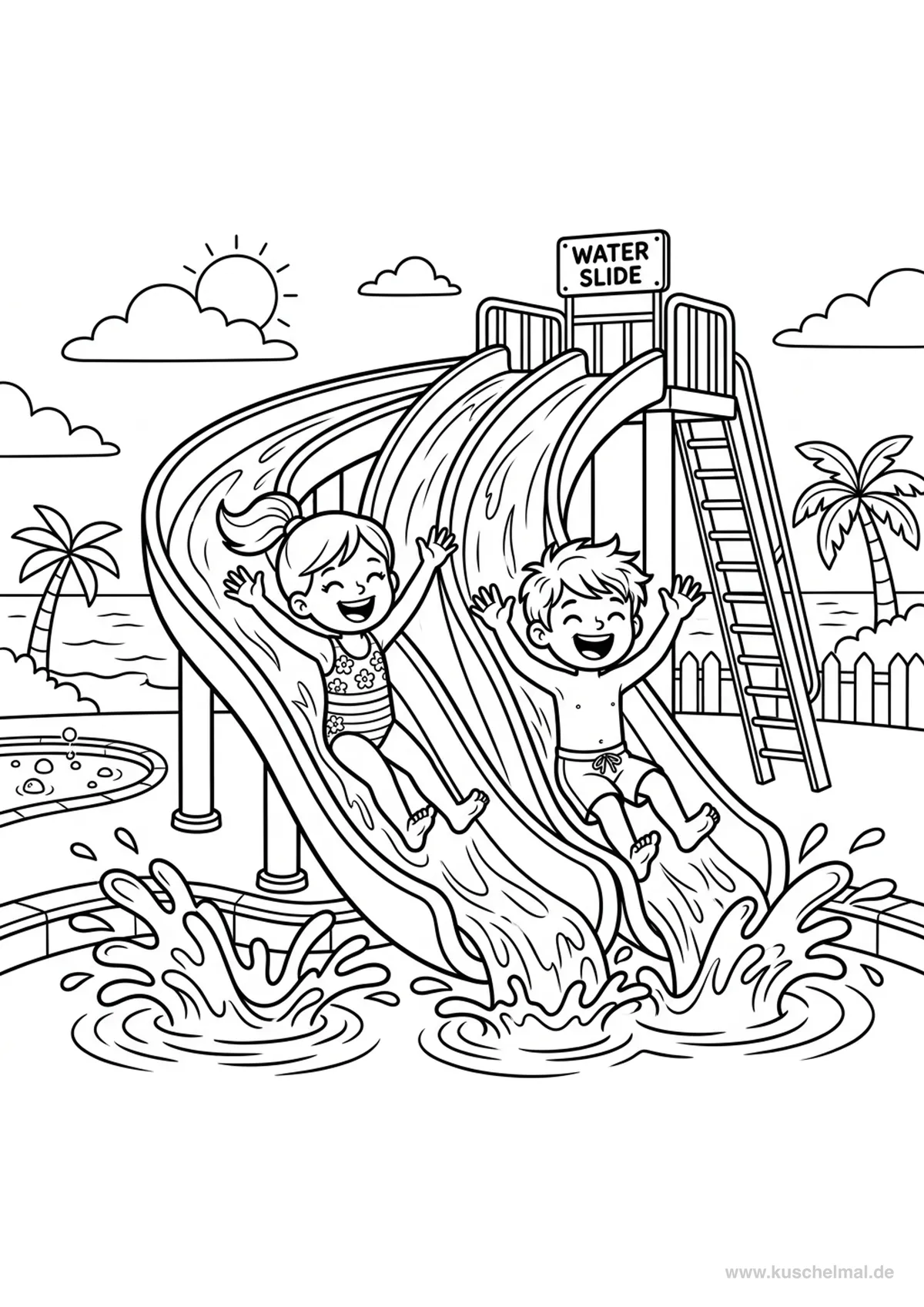 Bambini sullo Scivolo Acquatico - Disegno di Estate da colorare gratis per bambini da stampare