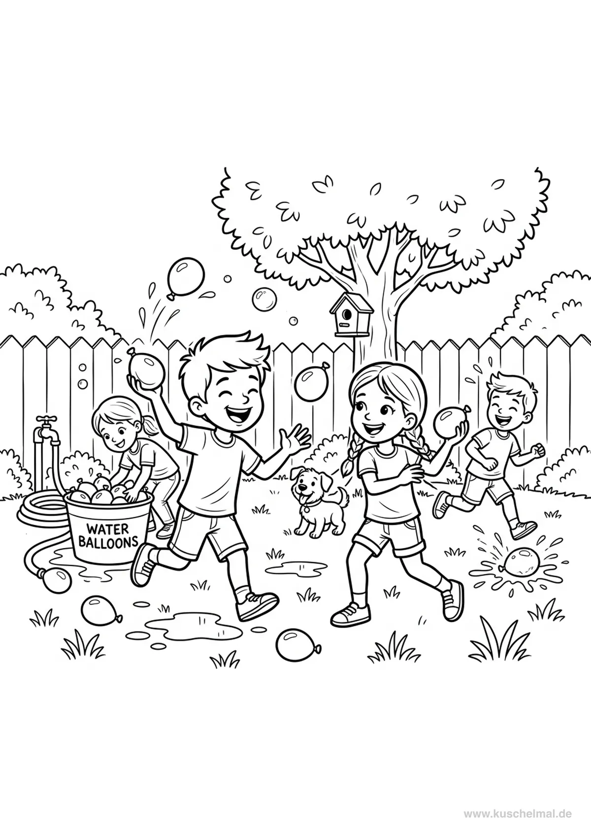 Bambini in una Battaglia d'Acqua - Disegno di Estate da colorare gratis per bambini da stampare