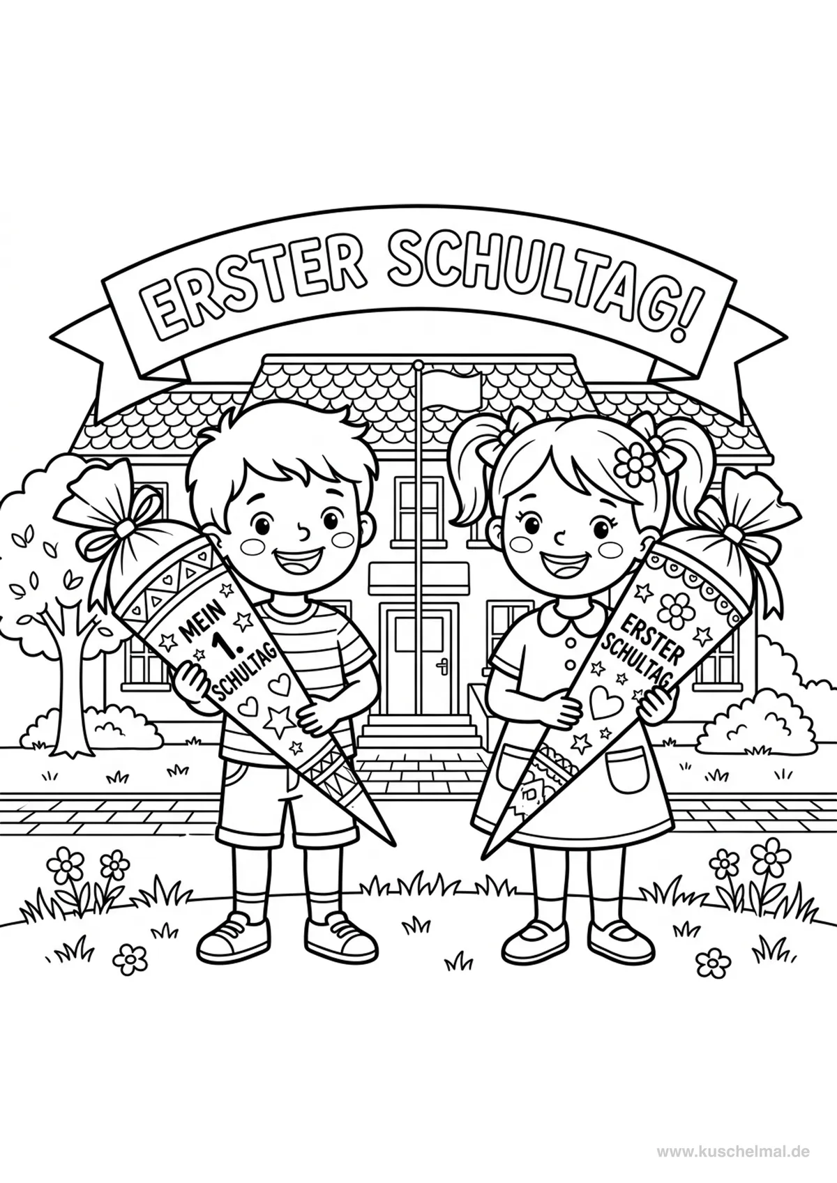 Bambini con Cartocci Scolastici - Disegno di Cartoccio Scolastico da colorare gratis per bambini da stampare