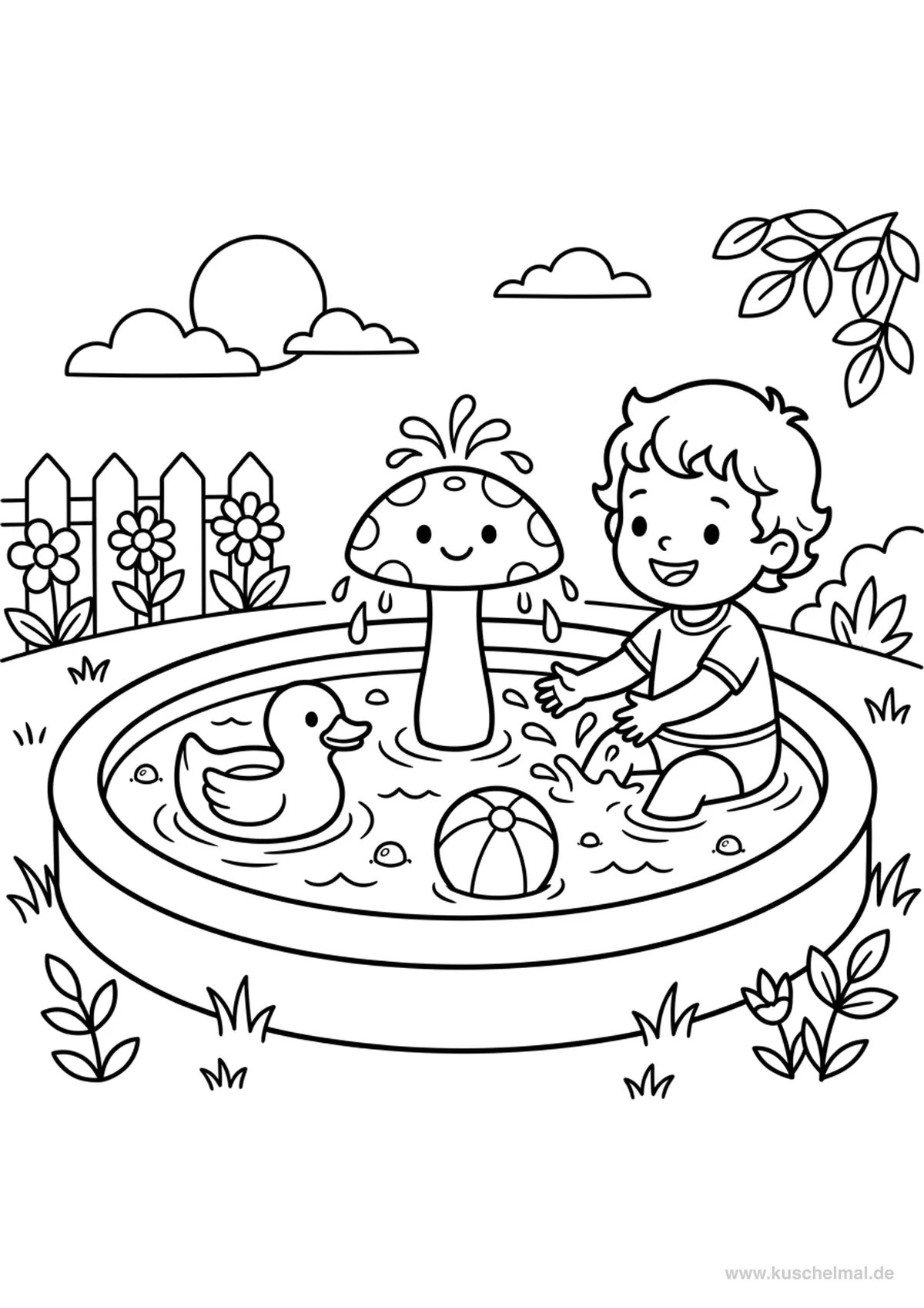 Bambini nella Piscina Gonfiabile - Disegno di Estate da colorare gratis per bambini da stampare