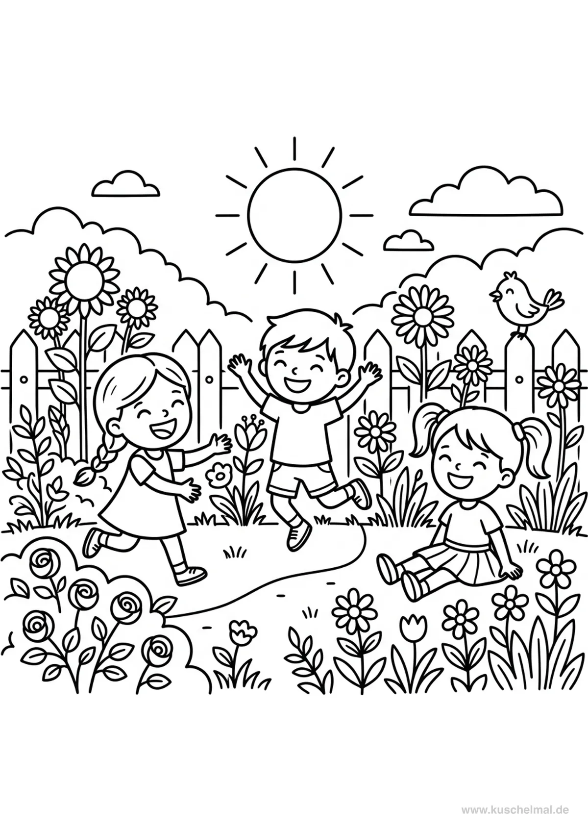 Kinder spielen im Garten in den Pfingstferien - Kostenloses Pfingsten Ausmalbild für Kinder zum Ausdrucken