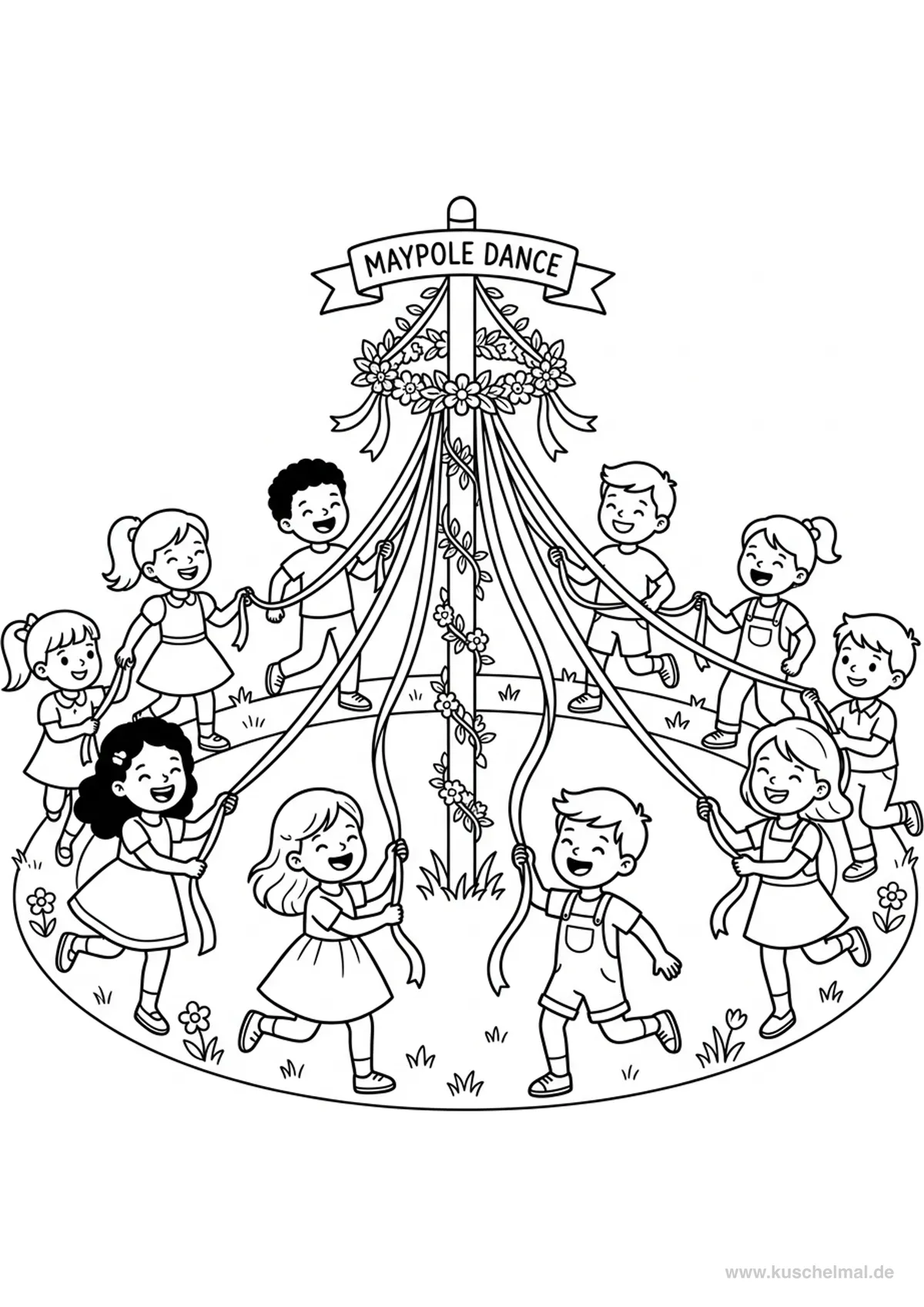 Kinder tanzen um den Maibaum Ausmalbild - Kostenloses Maibaum Ausmalbild für Kinder zum Ausdrucken