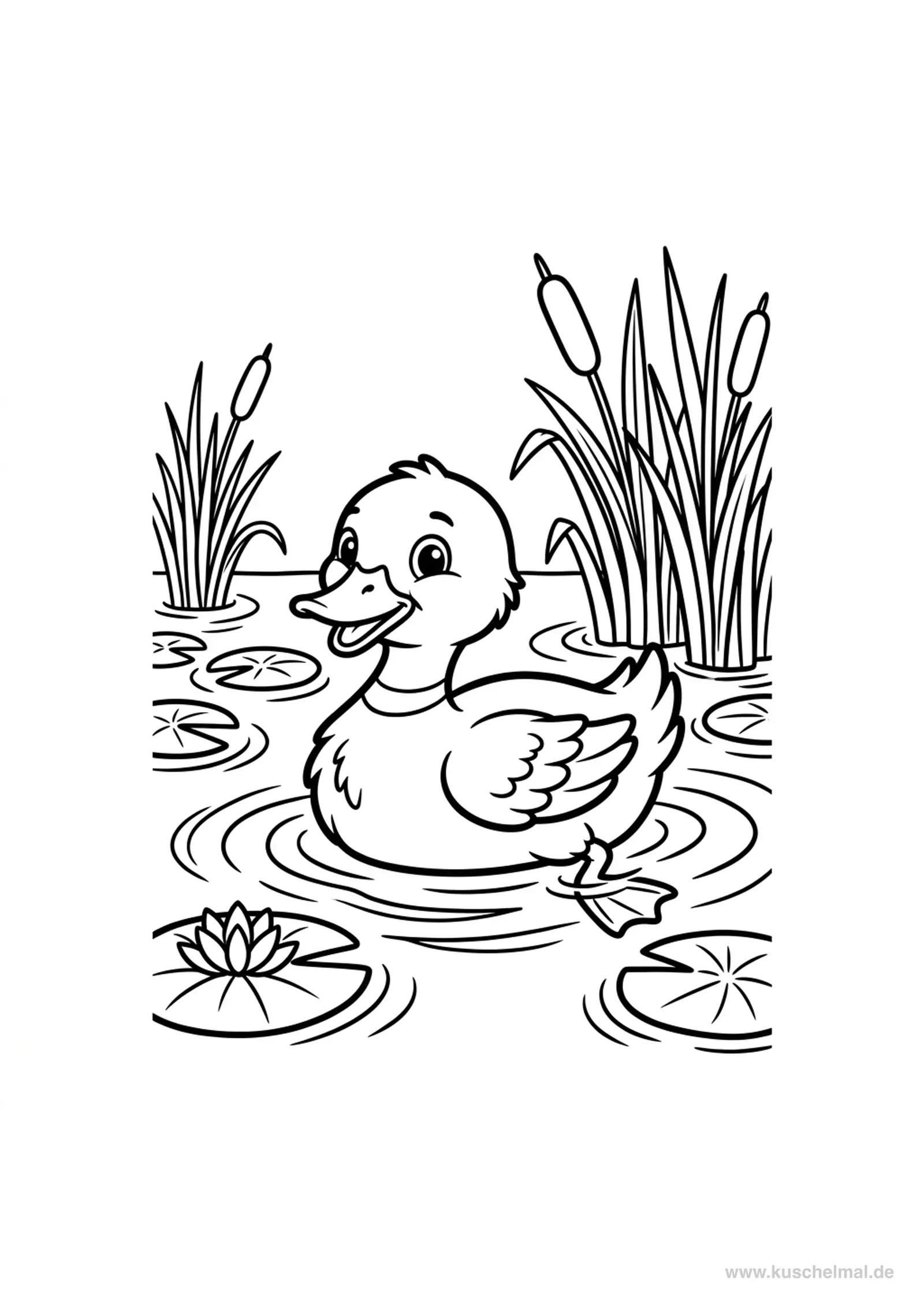 Kleine Ente im Teich - Kostenloses Frühling Ausmalbild für Kinder zum Ausdrucken