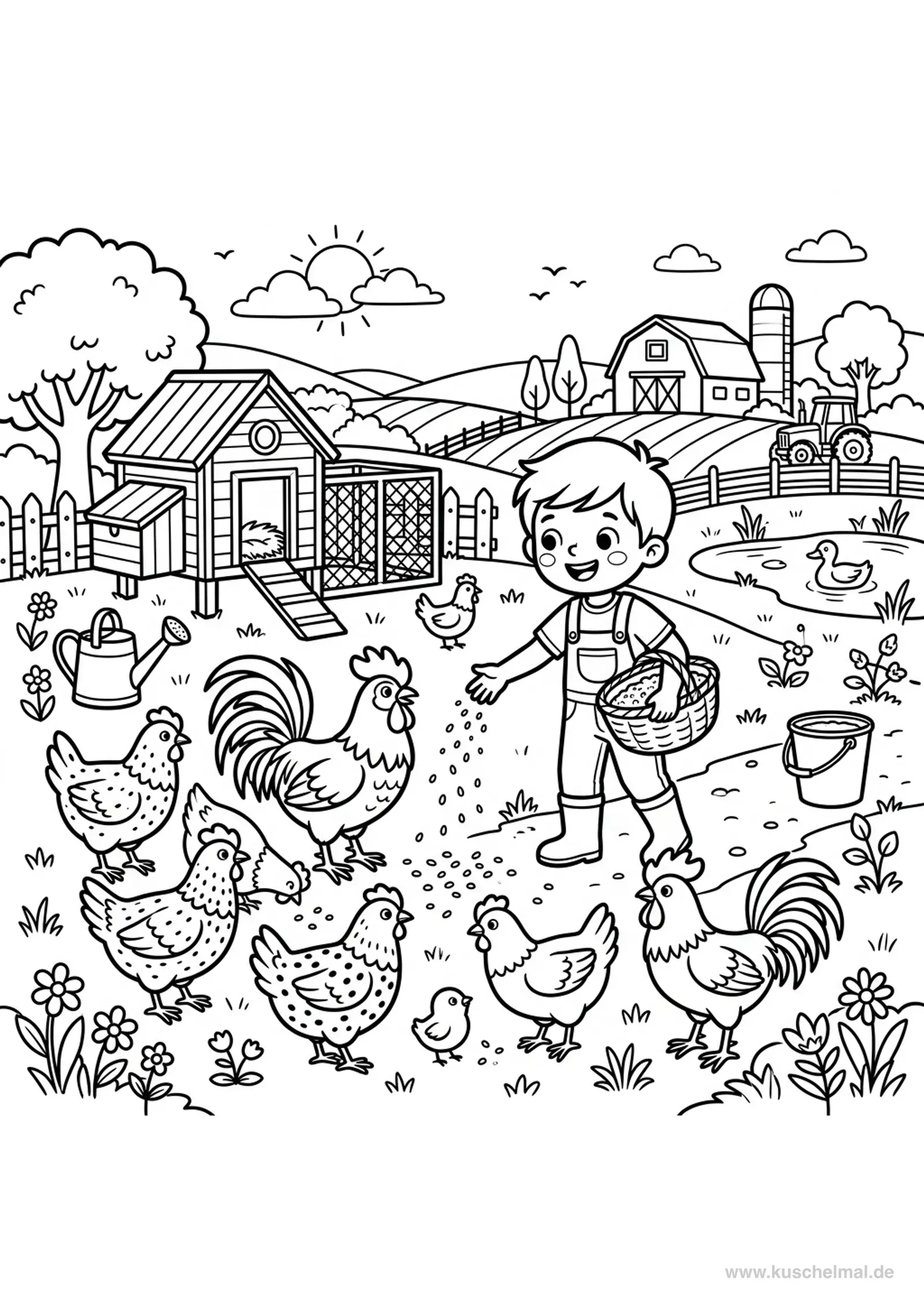 Kleiner Junge füttert Hühner auf dem Bauernhof - Kostenloses Bauernhof Ausmalbild für Kinder zum Ausdrucken