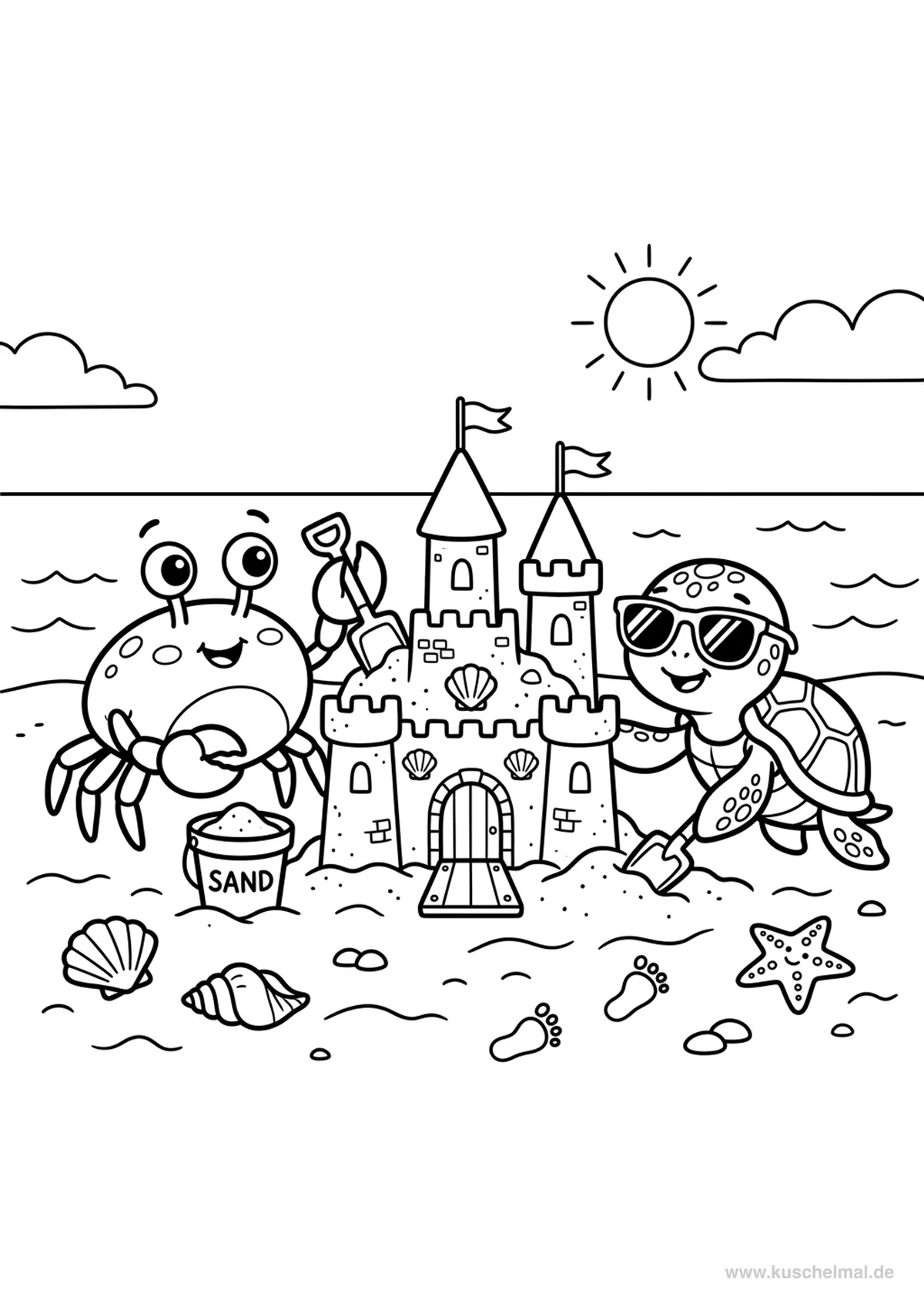 Krabbe und Schildkroete - Kostenloses Sommer Ausmalbild für Kinder zum Ausdrucken