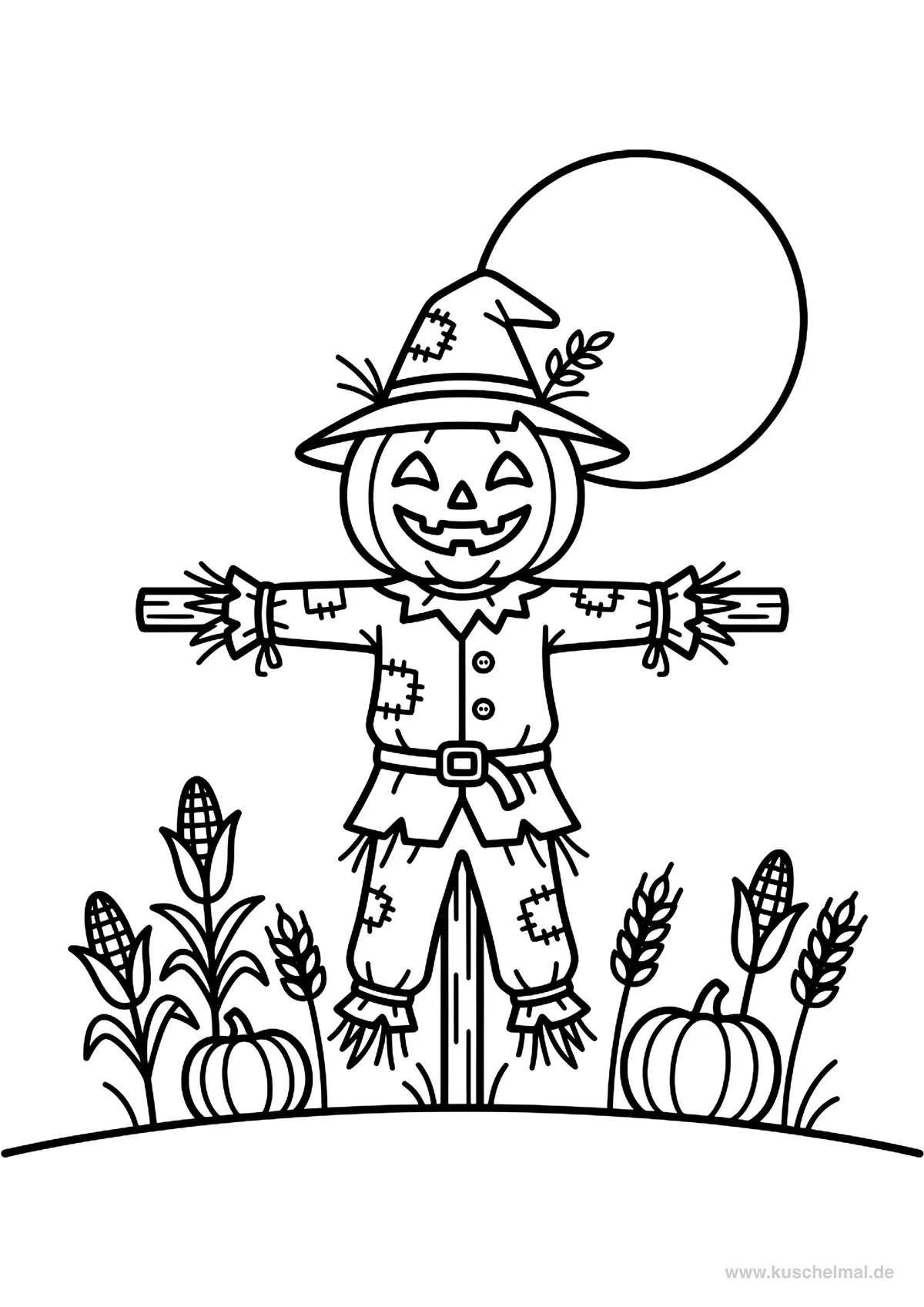 Spaventapasseri con Testa di Zucca - Disegno di Halloween da colorare gratis per bambini da stampare