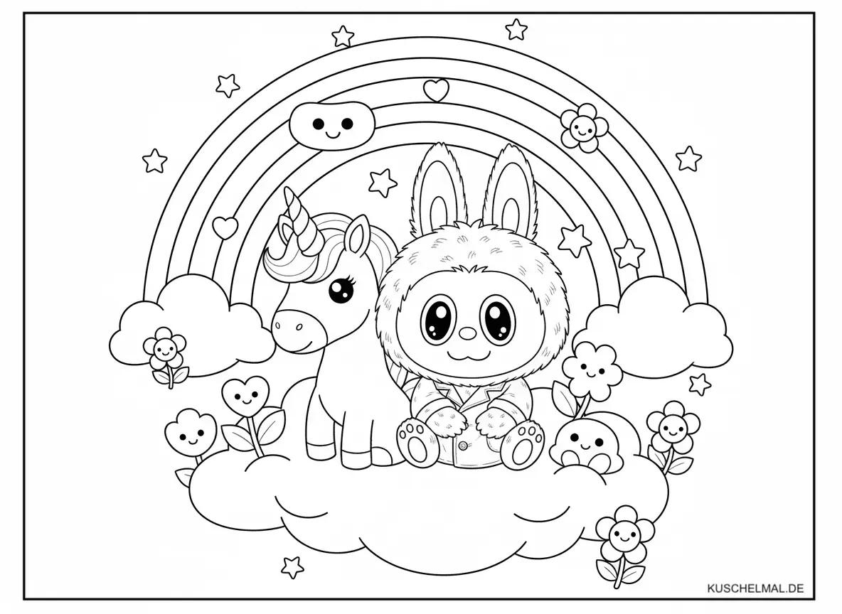 Labubu mit Einhorn Ausmalbild - Kostenloses Labubu Ausmalbilder Ausmalbild für Kinder zum Ausdrucken