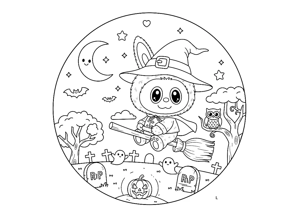 Labubu Halloween Ausmalbild - Kostenloses Labubu Ausmalbilder Ausmalbild für Kinder zum Ausdrucken