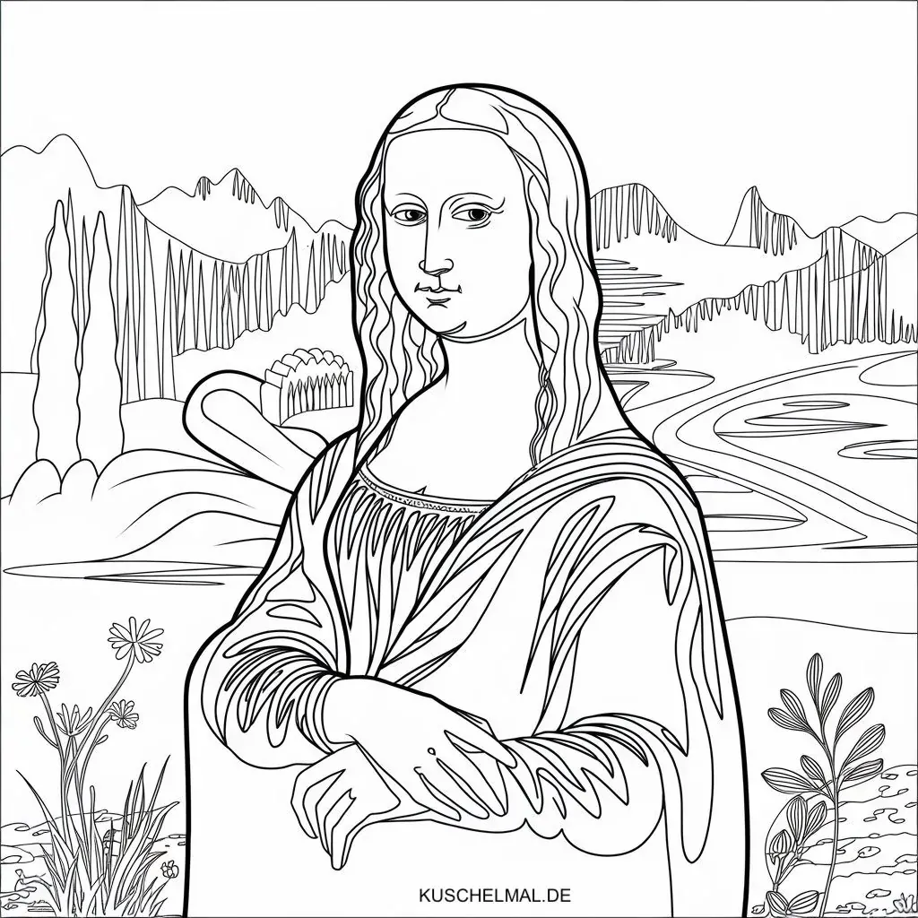 Mona Lisa Kunst-Malvorlage - Kostenloses Berühmte Gemälde Ausmalbild für Kinder zum Ausdrucken