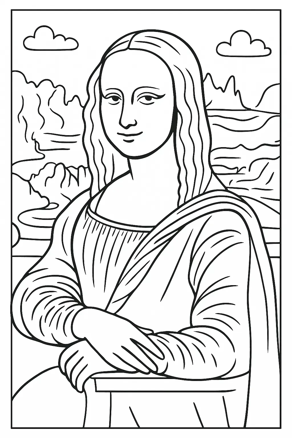 Klassische Mona Lisa zum Ausmalen - Kostenloses Berühmte Gemälde Ausmalbild für Kinder zum Ausdrucken