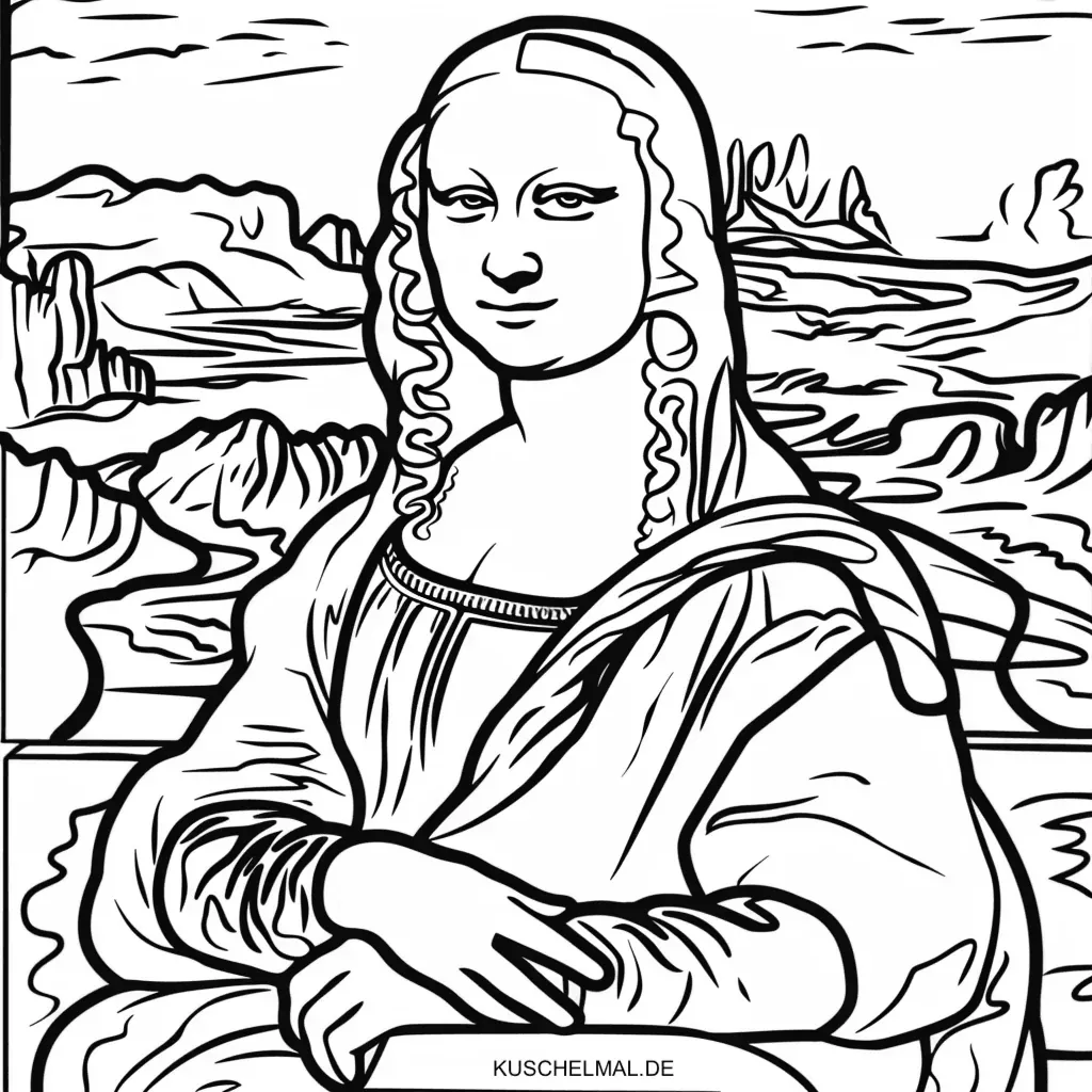Mona Lisa Ausmalbild Leonardo da Vinci - Kostenloses Berühmte Gemälde Ausmalbild für Kinder zum Ausdrucken