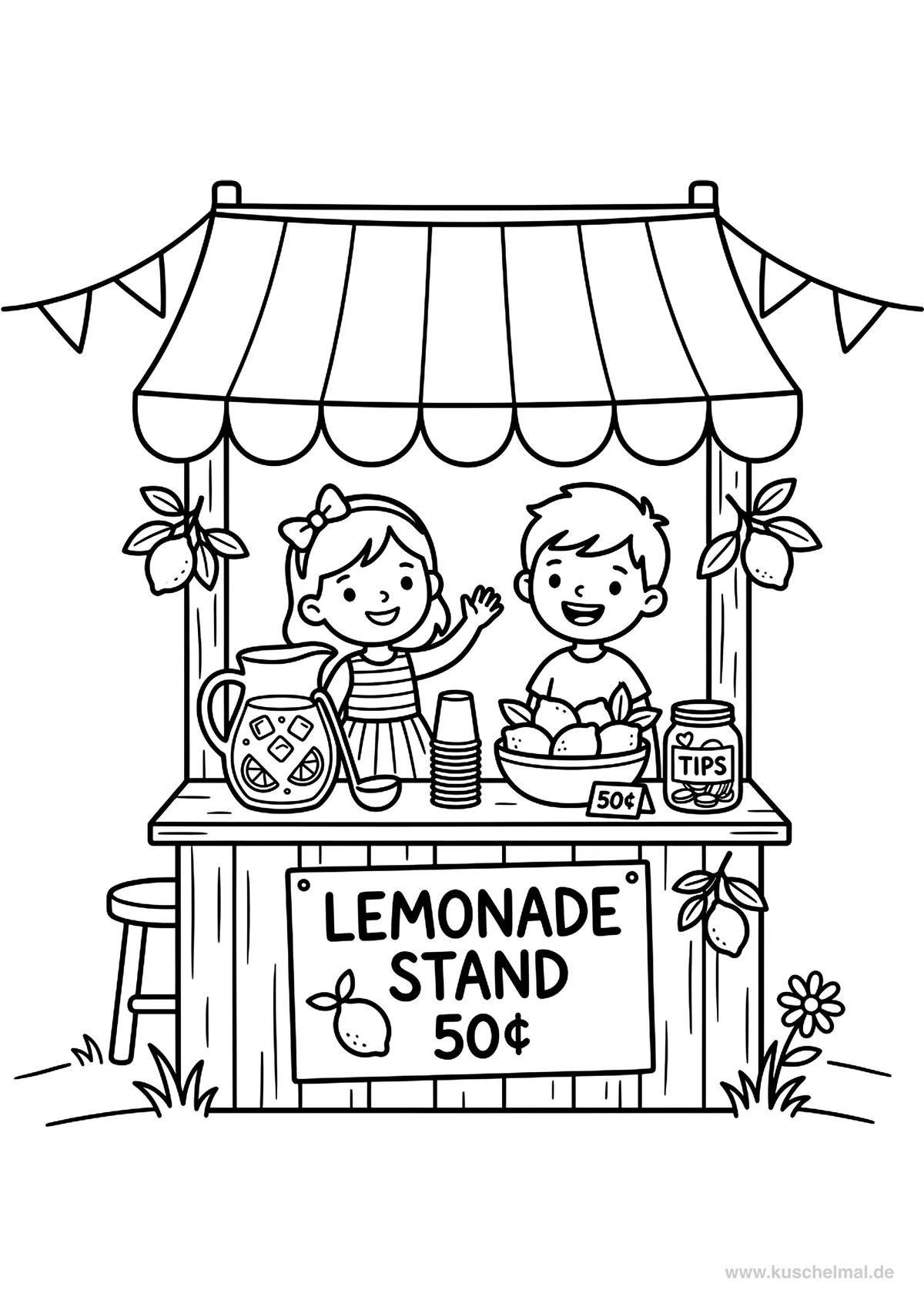Bancarella della Limonata per Bambini - Disegno di Estate da colorare gratis per bambini da stampare