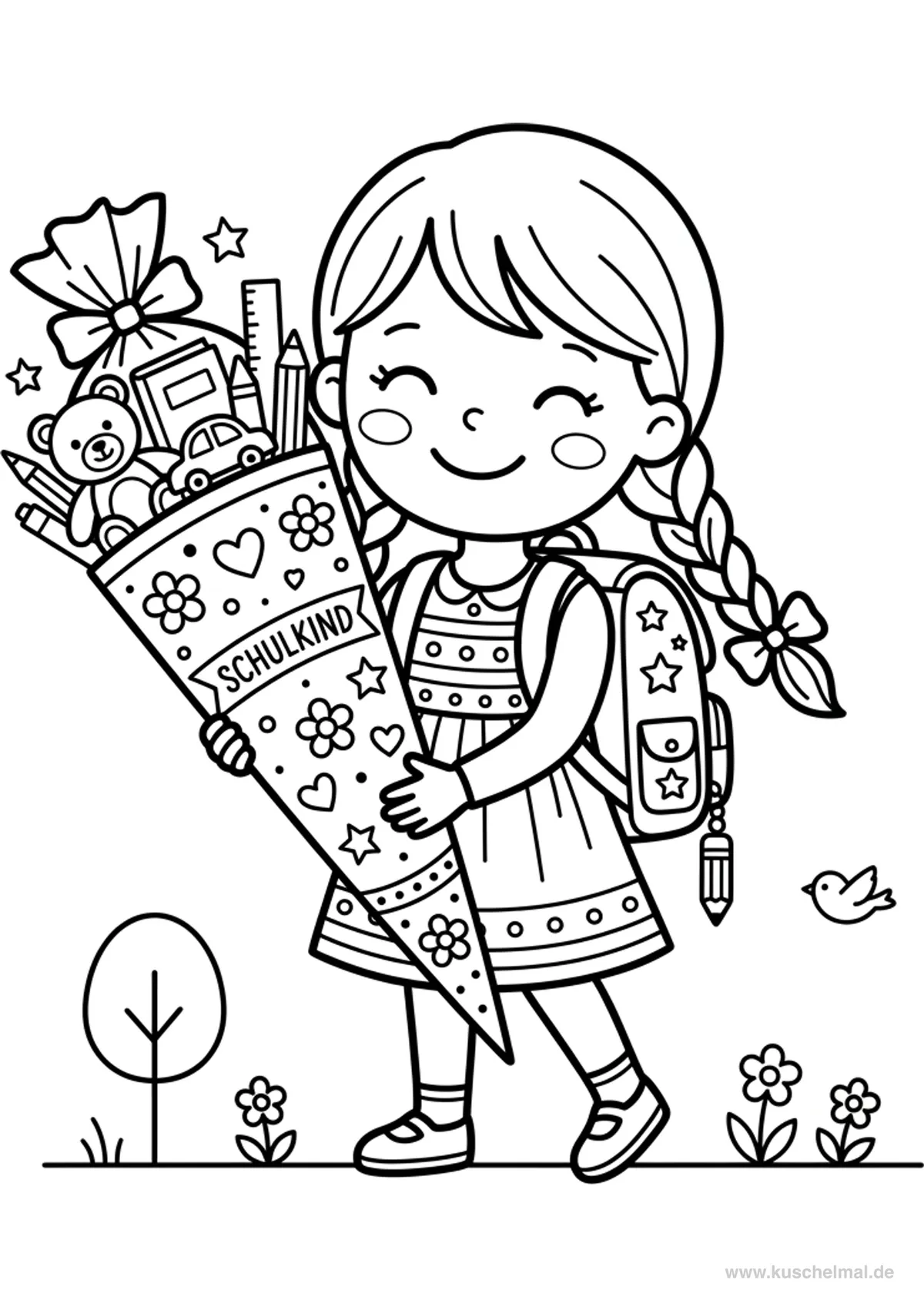 Mädchen mit Schultüte am ersten Schultag - Kostenloses Schulanfang Ausmalbild für Kinder zum Ausdrucken