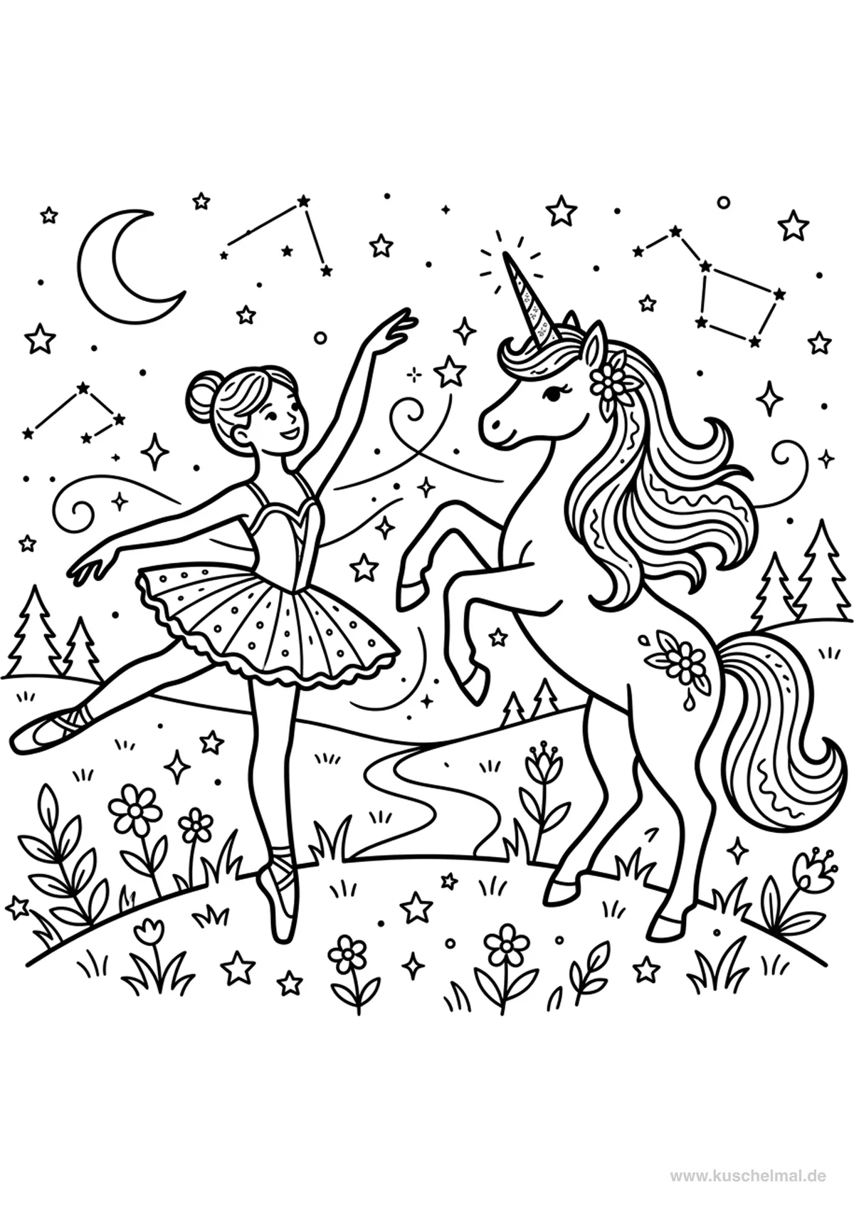 Magisches Ballett mit Einhorn Ausmalbild - Kostenloses Ballett Ausmalbild für Kinder zum Ausdrucken