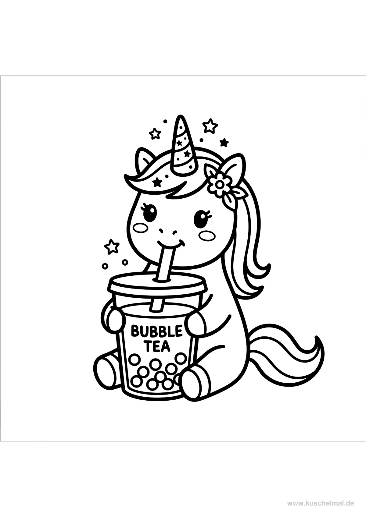 Magisches Einhorn mit Bubble Tea - Kostenloses Bubble Tea Ausmalbild für Kinder zum Ausdrucken