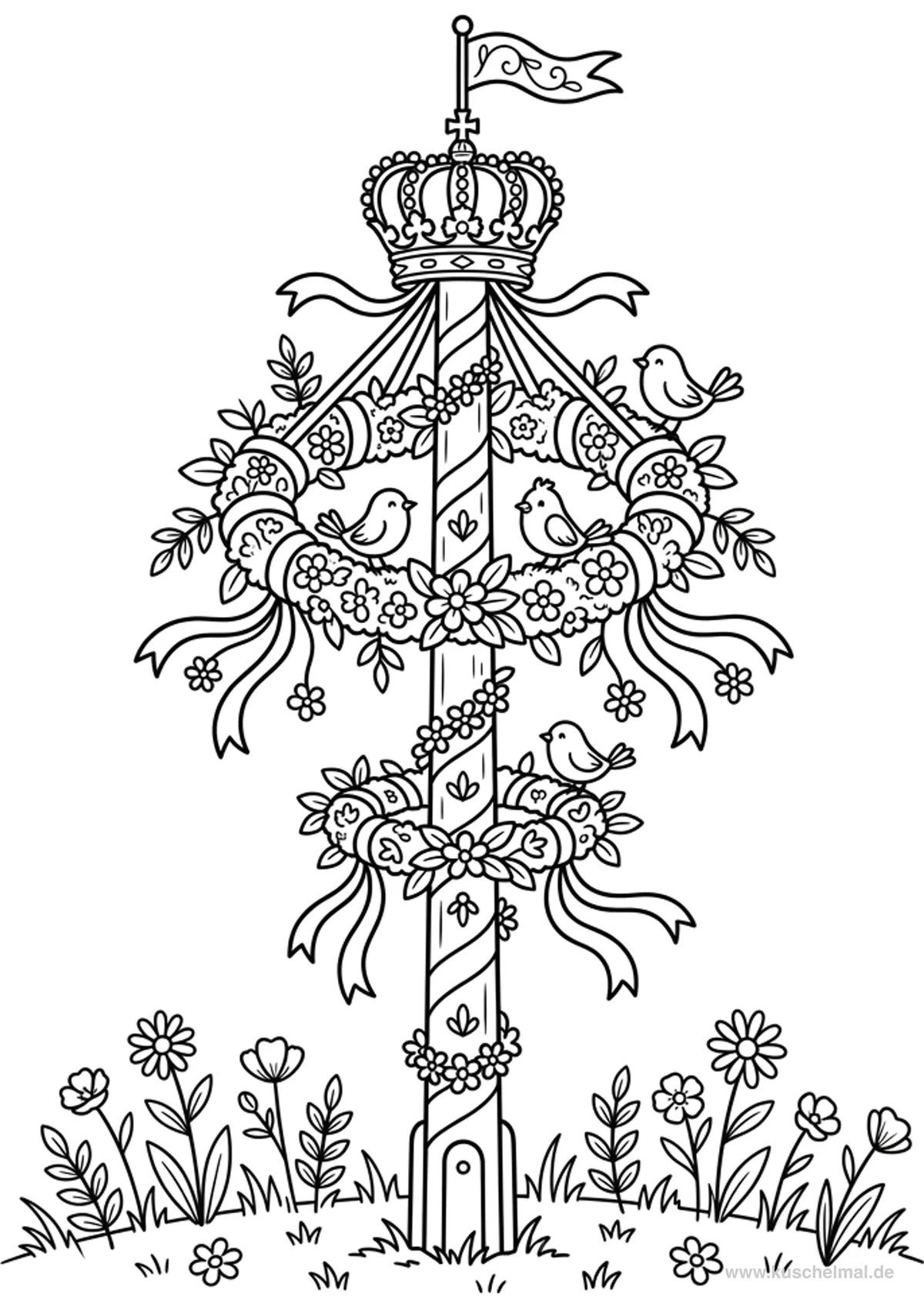 Maibaum im Frühling mit Vögeln Ausmalbild - Kostenloses Maibaum Ausmalbild für Kinder zum Ausdrucken