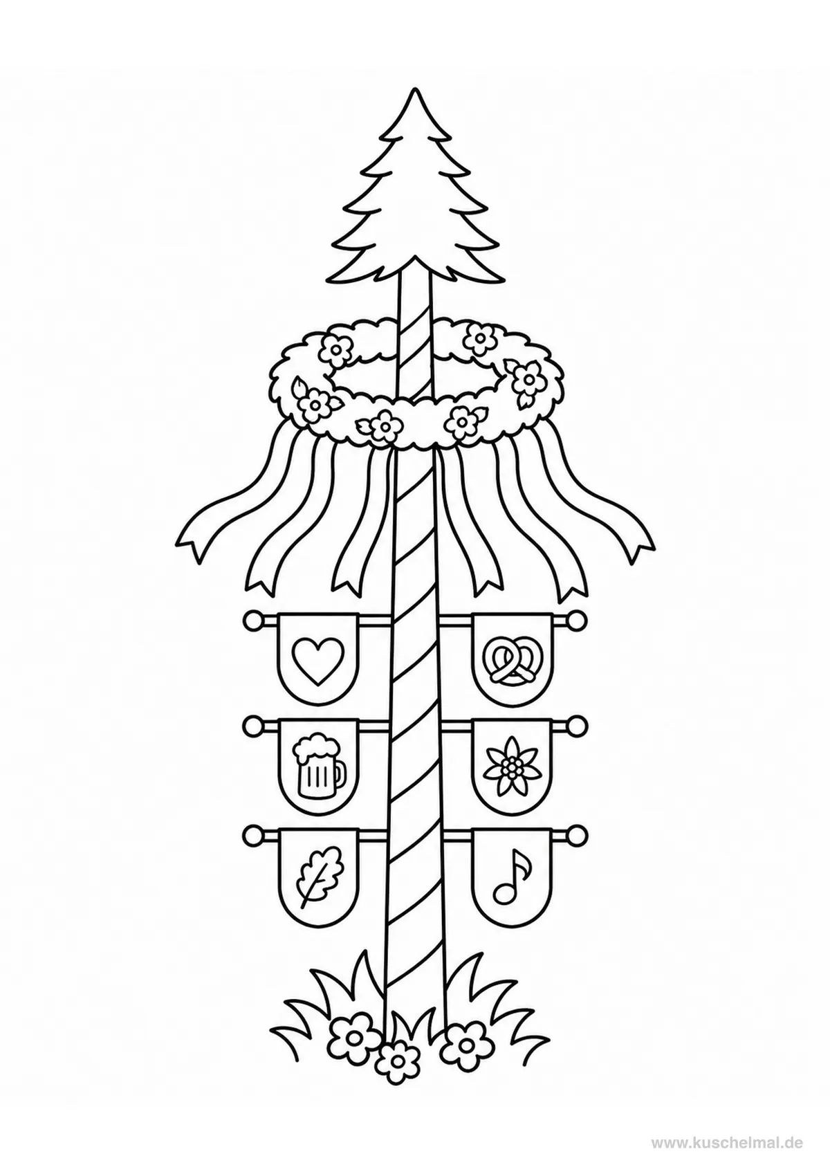 Maibaum mit bayerischen Symbolen und Brezel - Kostenloses Maibaum Ausmalbild für Kinder zum Ausdrucken