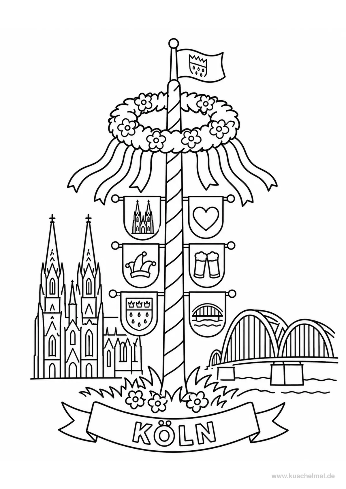 Maibaum mit Kölner Dom Ausmalbild - Kostenloses Maibaum Ausmalbild für Kinder zum Ausdrucken