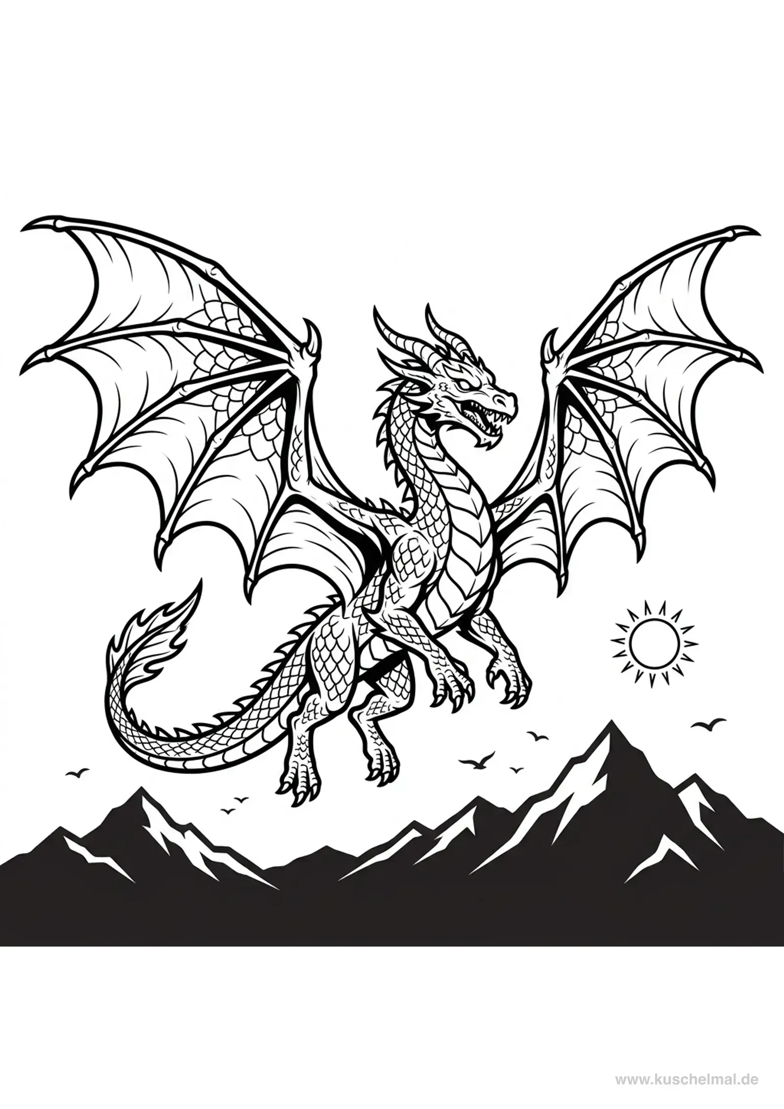 Majestätischer fliegender Drache Ausmalbild - Kostenloses Drachen Ausmalbild für Kinder zum Ausdrucken