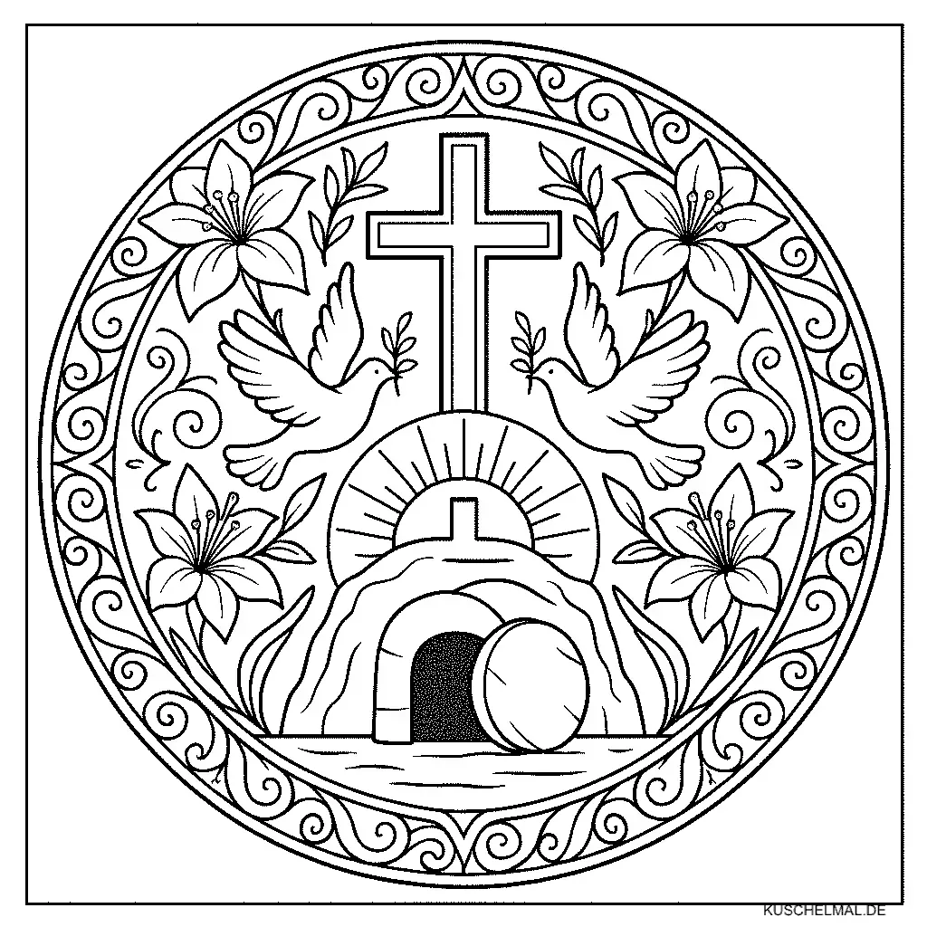 Christliches Mandala Ausmalbild zu Ostern - Kostenloses Mandala Ausmalbilder Ausmalbild für Kinder zum Ausdrucken