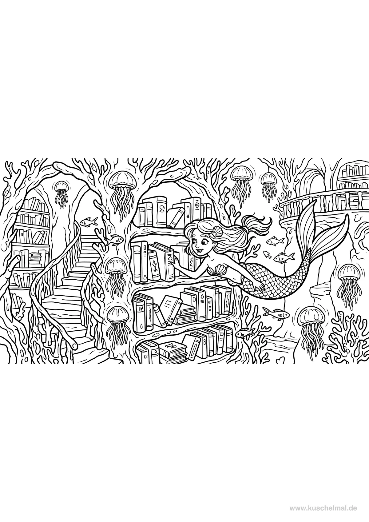 Meerjungfrau in der Unterwasser-Bibliothek - Kostenloses Meerjungfrau Ausmalbild für Kinder zum Ausdrucken