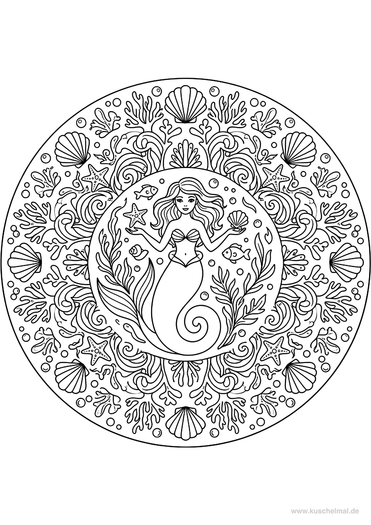 Meerjungfrau Mandala - Kostenloses Meerjungfrau Ausmalbild für Kinder zum Ausdrucken