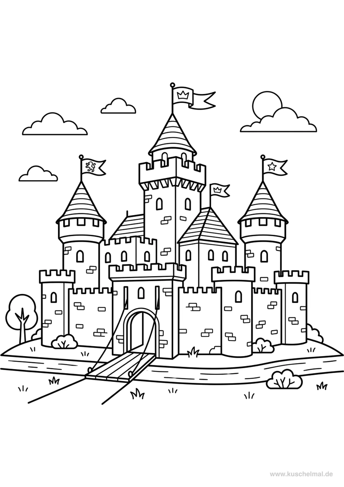 Mittelalterliche Burg - Kostenloses Mittelalter Ausmalbild für Kinder zum Ausdrucken
