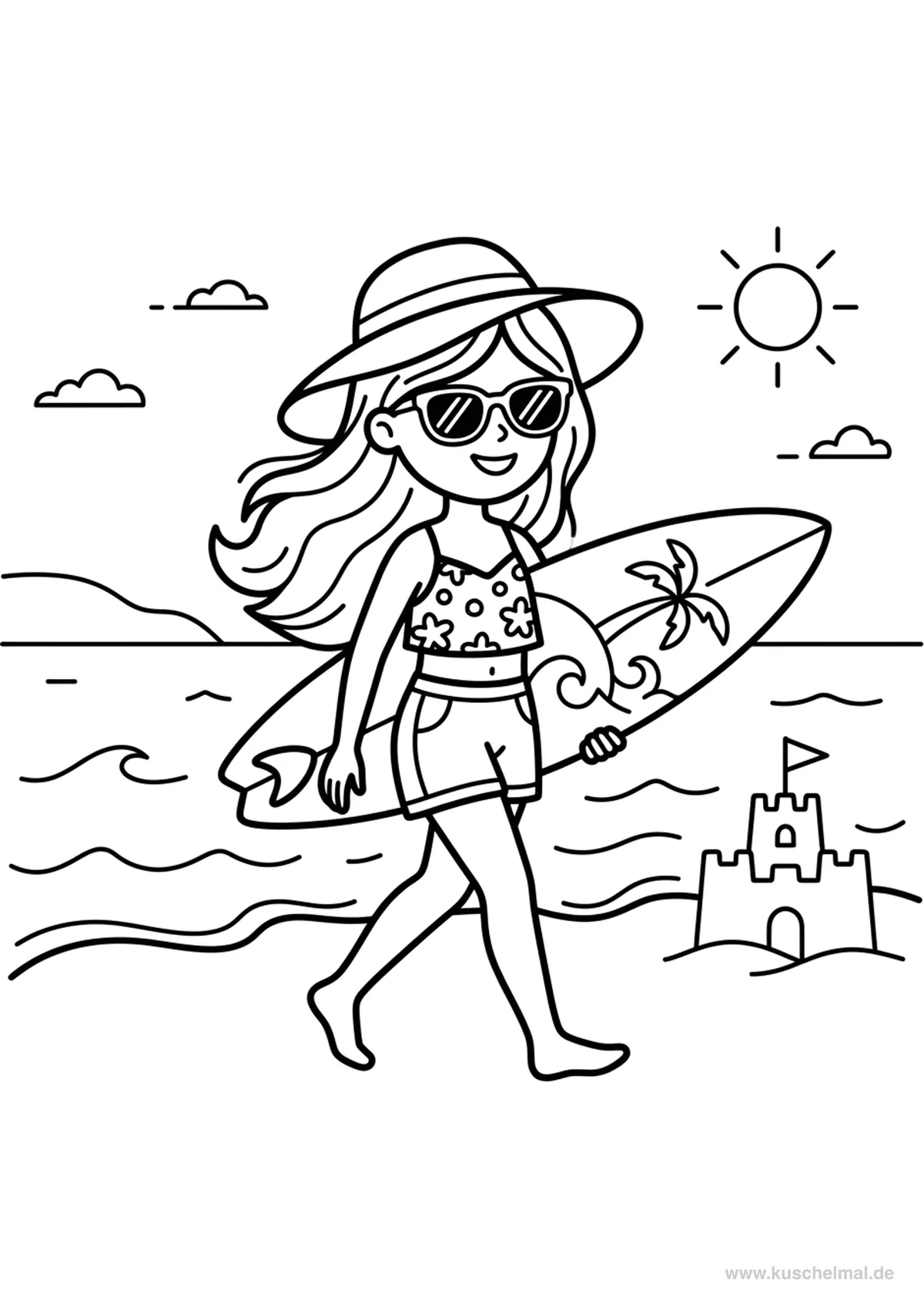Fashion-Model am Strand - Kostenloses Fashion & Models Ausmalbilder Ausmalbild für Kinder zum Ausdrucken