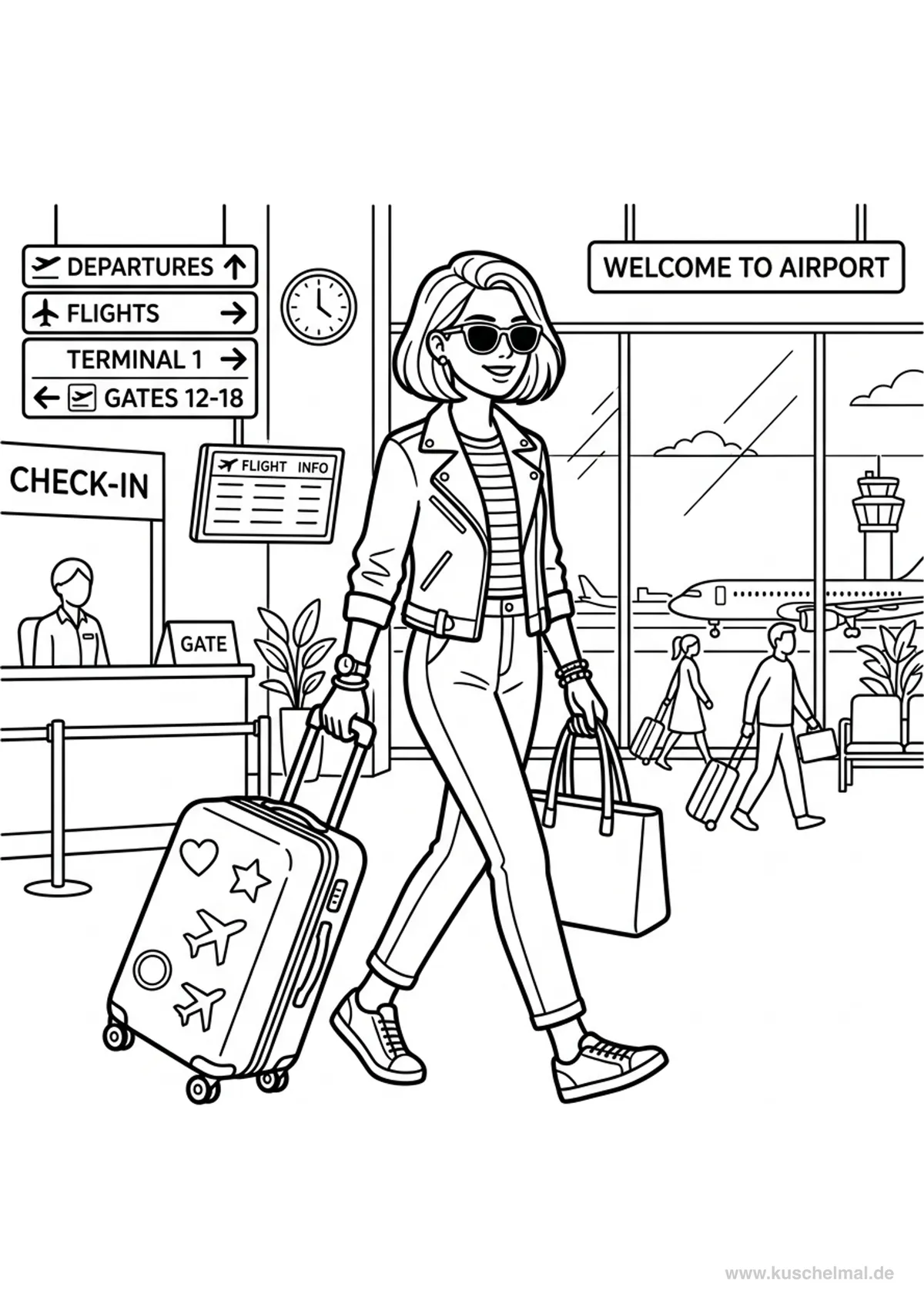 Fashion-Model Flughafen Reise - Kostenloses Fashion & Models Ausmalbilder Ausmalbild für Kinder zum Ausdrucken
