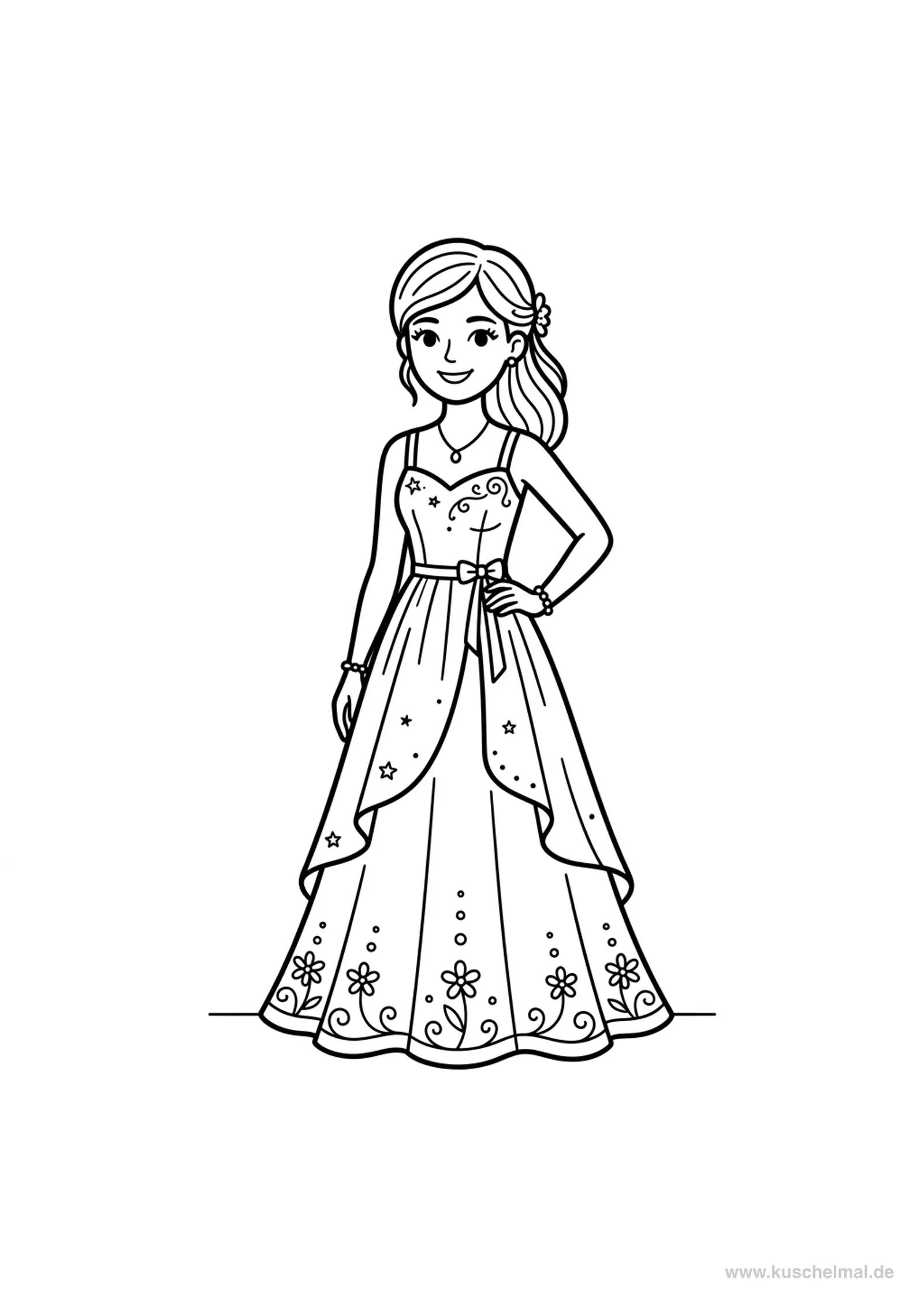 Fashion-Model im Abendkleid - Kostenloses Fashion & Models Ausmalbilder Ausmalbild für Kinder zum Ausdrucken
